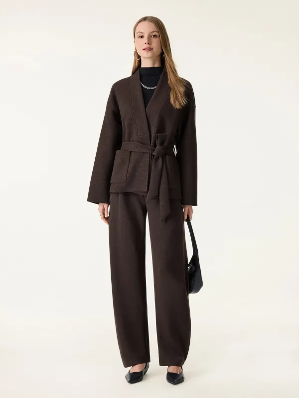 2Pcs Set Belted Robe Style Coat with Pockets & Mid Rise Barrel Leg Pull-on Pants sold by OGLmove
