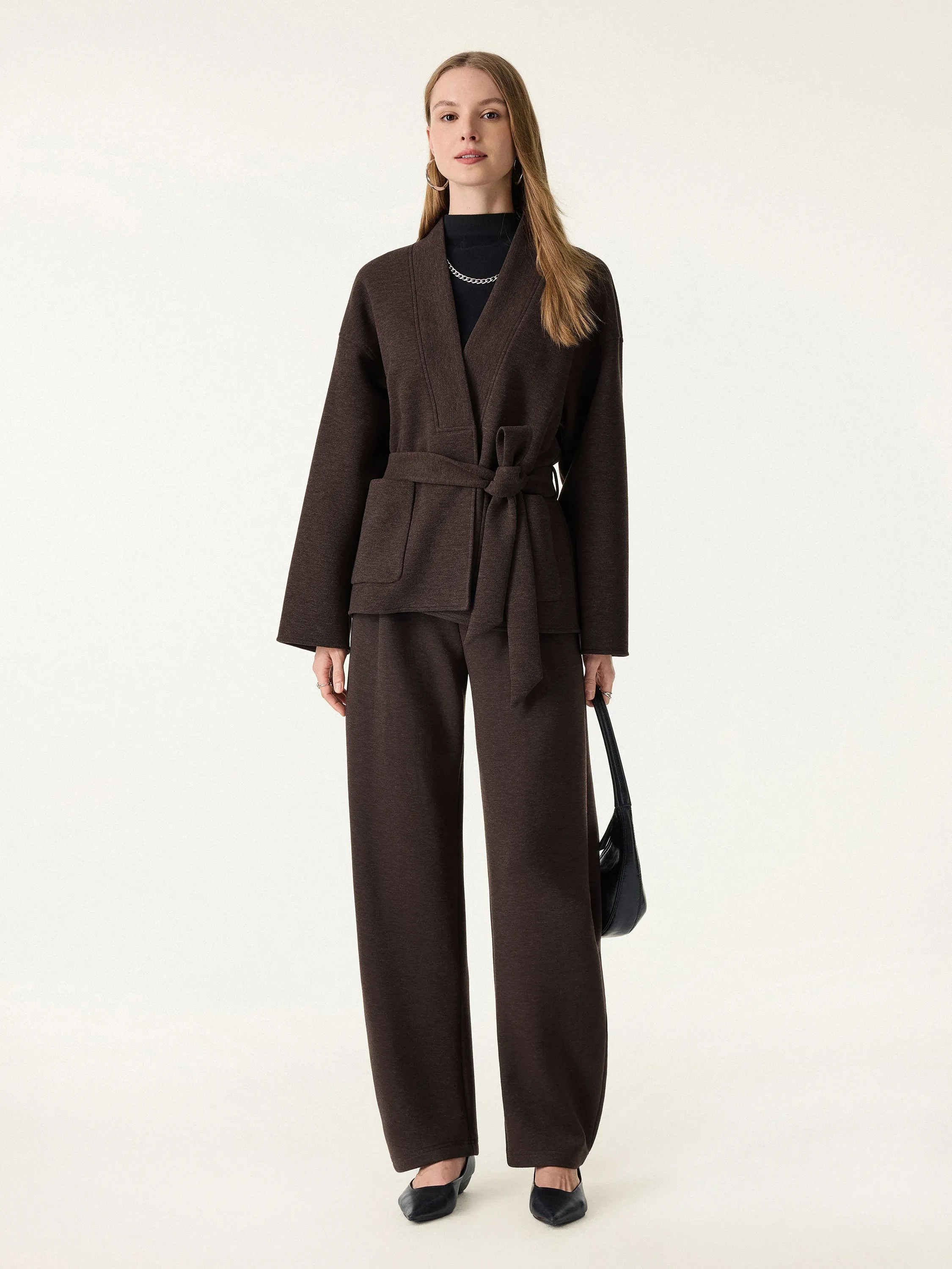 2Pcs Set Belted Robe Style Coat with Pockets & Mid Rise Barrel Leg Pull-on Pants sold by OGLmove