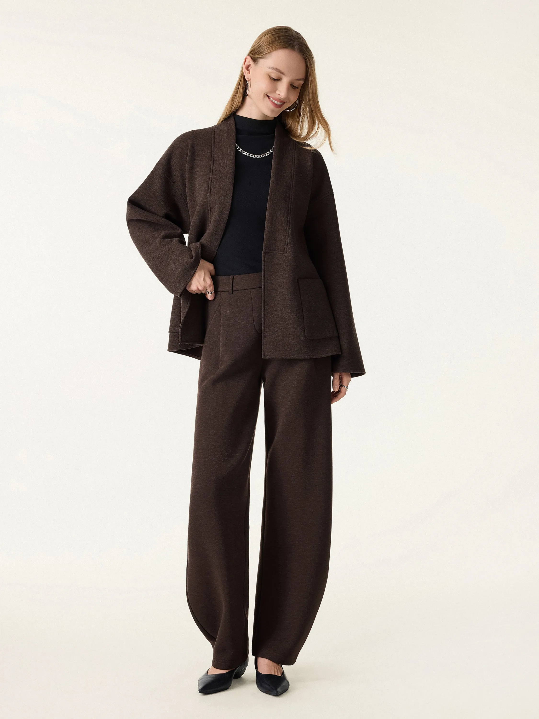 2Pcs Set Belted Robe Style Coat with Pockets & Mid Rise Barrel Leg Pull-on Pants sold by OGLmove product image thumbnail 5