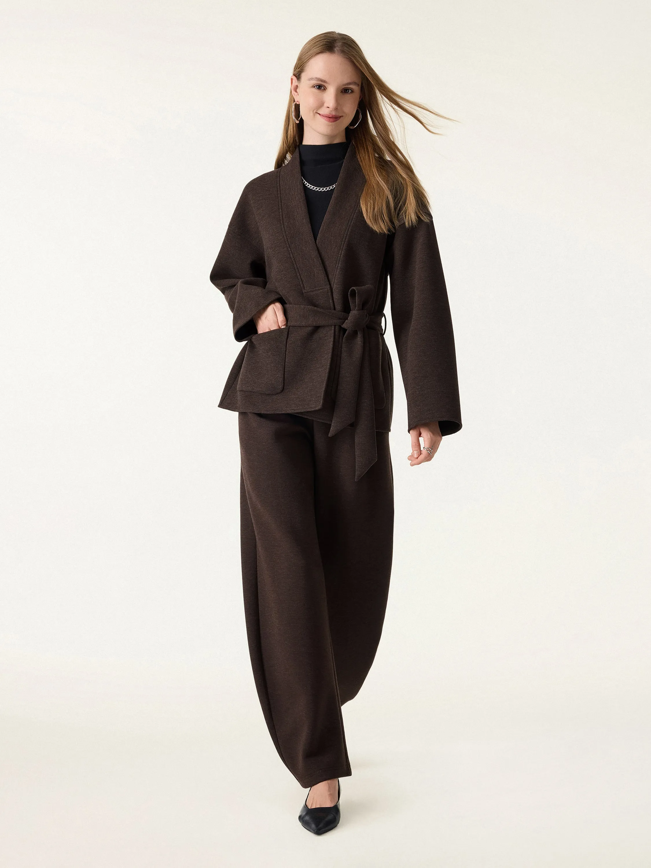 2Pcs Set Belted Robe Style Coat with Pockets & Mid Rise Barrel Leg Pull-on Pants sold by OGLmove product image thumbnail 3