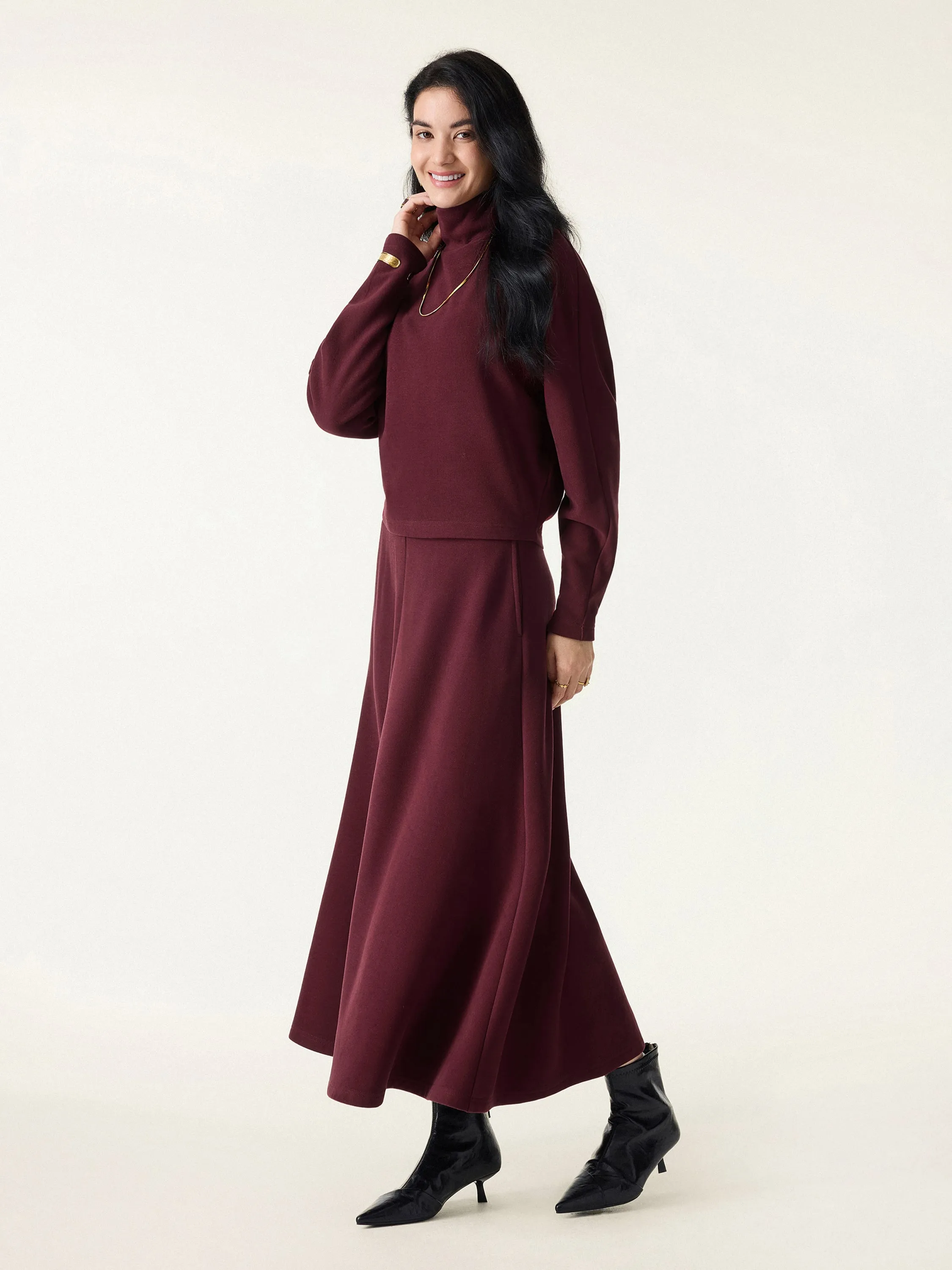 2Pcs Set Mockneck Batwing Sleeve Brami & Midi Pull-on A-Line Skirt with Pockets sold by OGLmove product image thumbnail 3