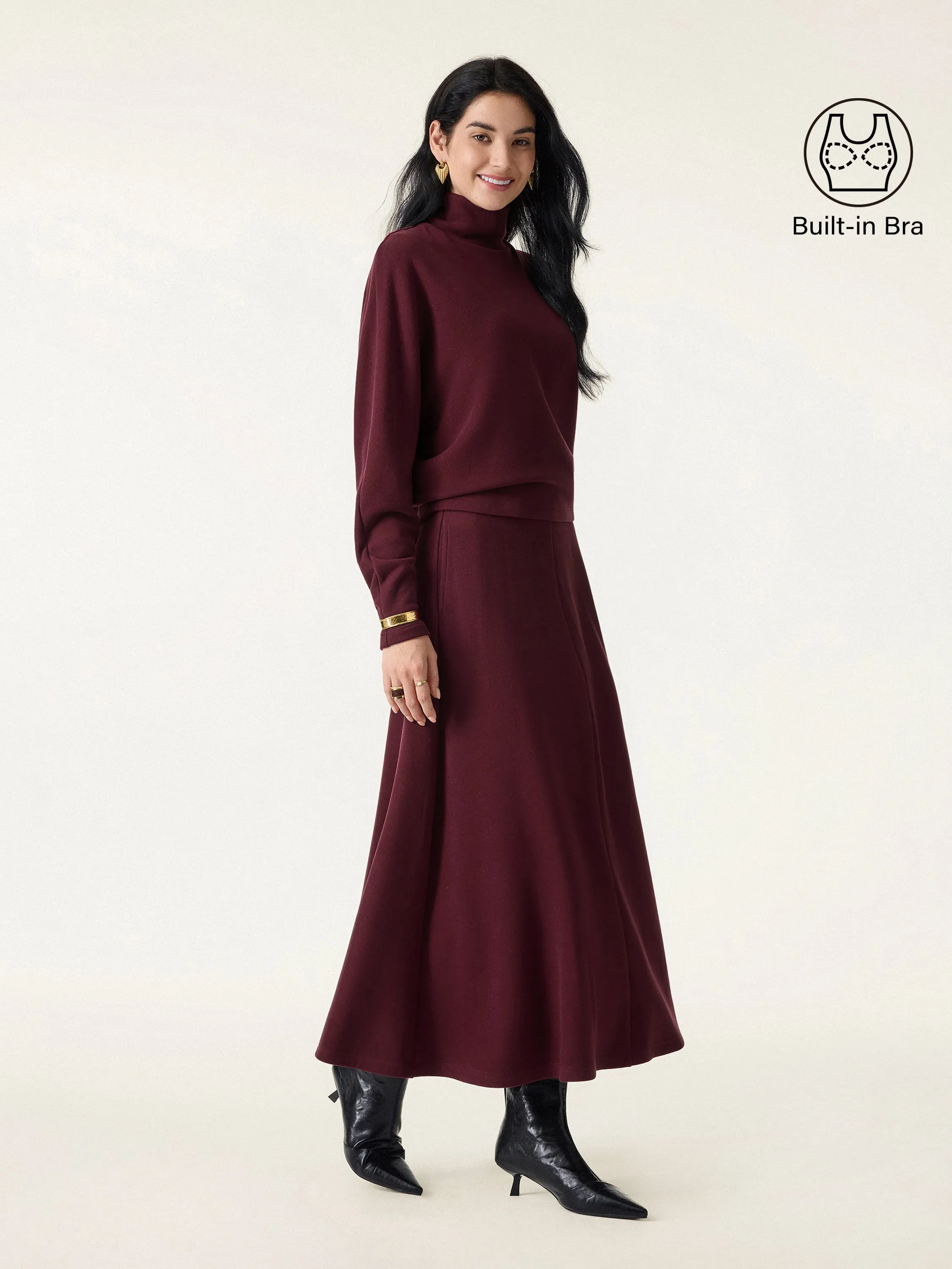 2Pcs Set Mockneck Batwing Sleeve Brami & Midi Pull-on A-Line Skirt with Pockets sold by OGLmove product image thumbnail 4