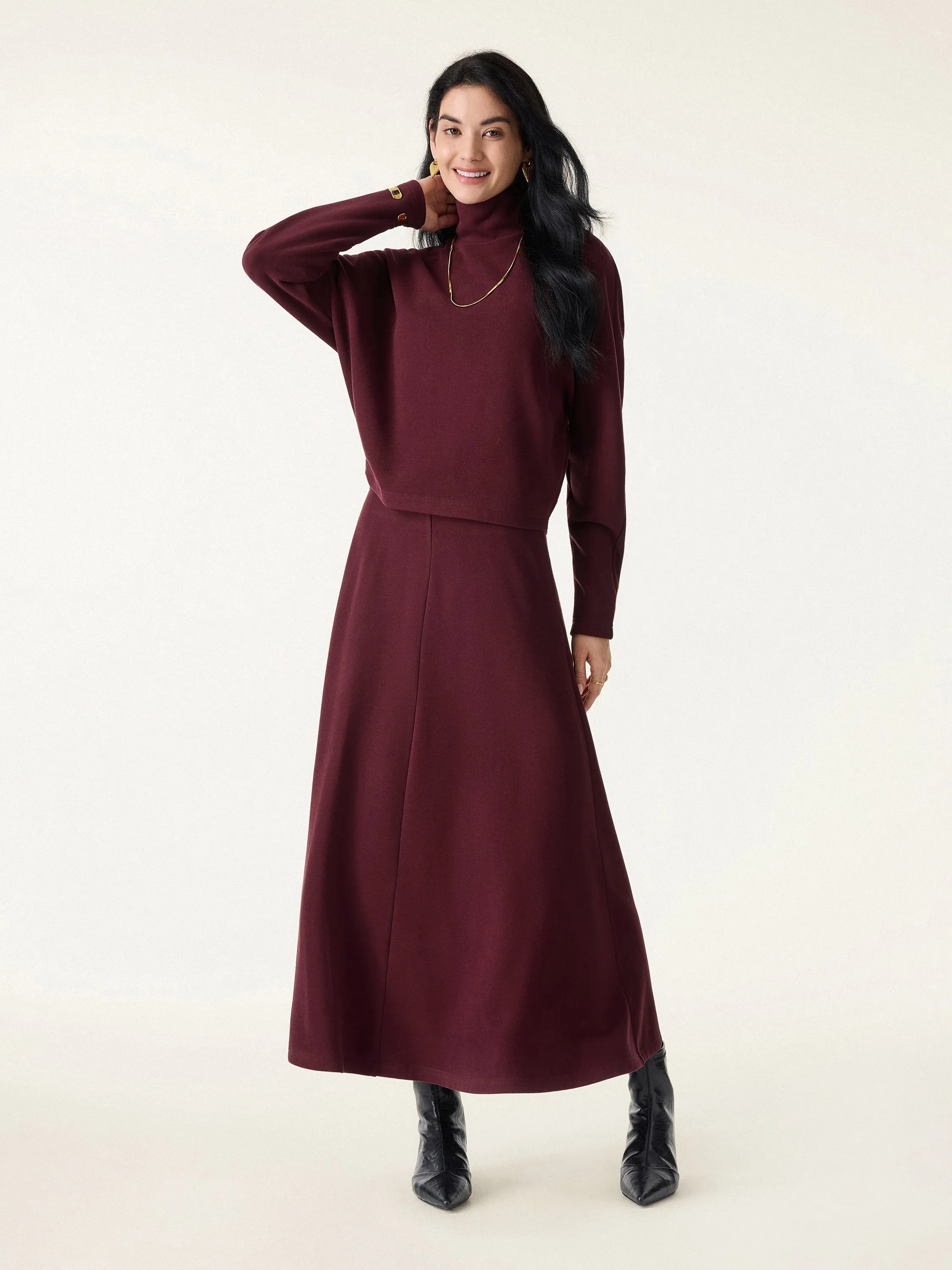 2Pcs Set Mockneck Batwing Sleeve Brami & Midi Pull-on A-Line Skirt with Pockets sold by OGLmove product image thumbnail 2