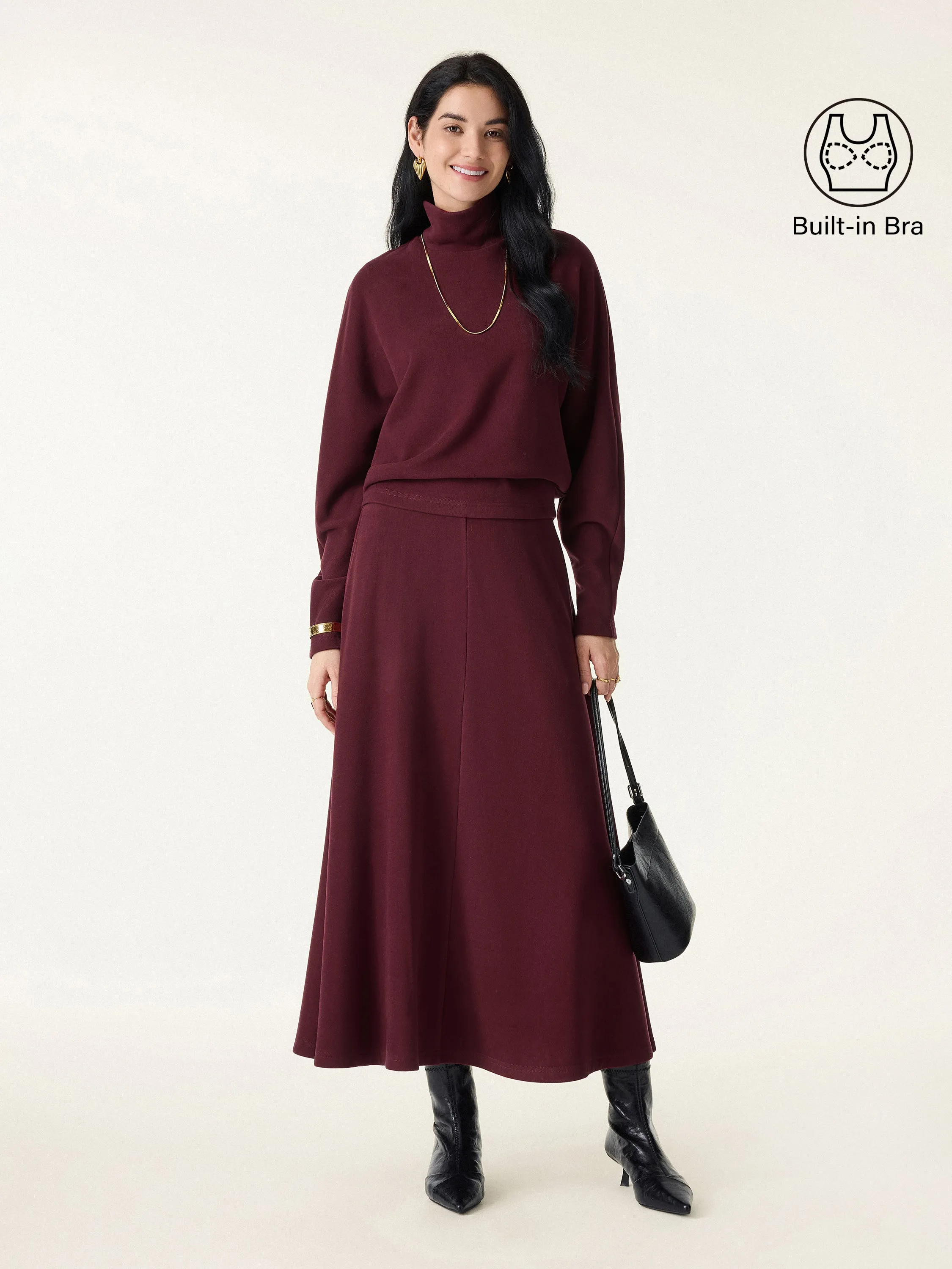 2Pcs Set Mockneck Batwing Sleeve Brami & Midi Pull-on A-Line Skirt with Pockets sold by OGLmove