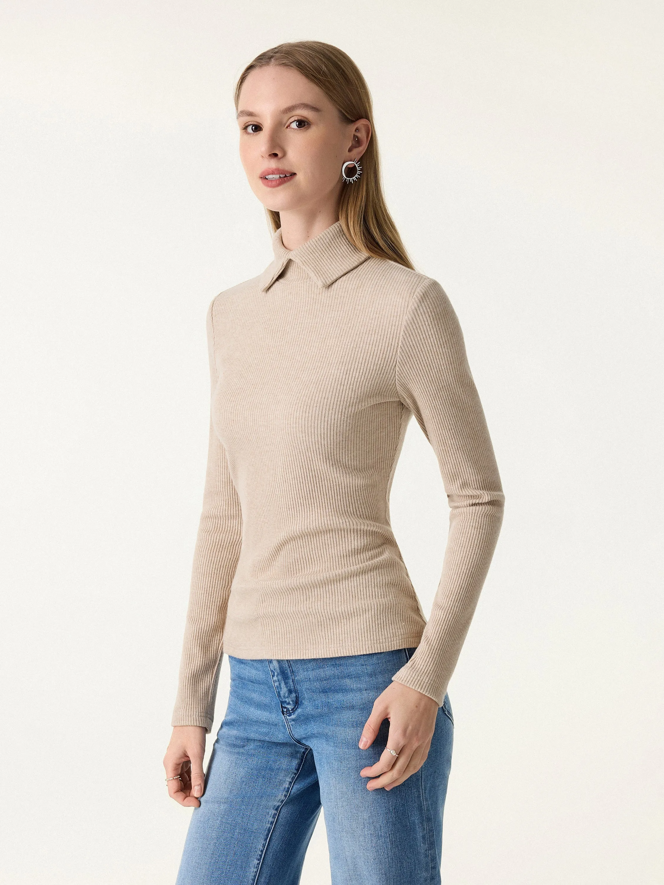 Ribbed Stand Collar Long Sleeve Top sold by OGLmove
