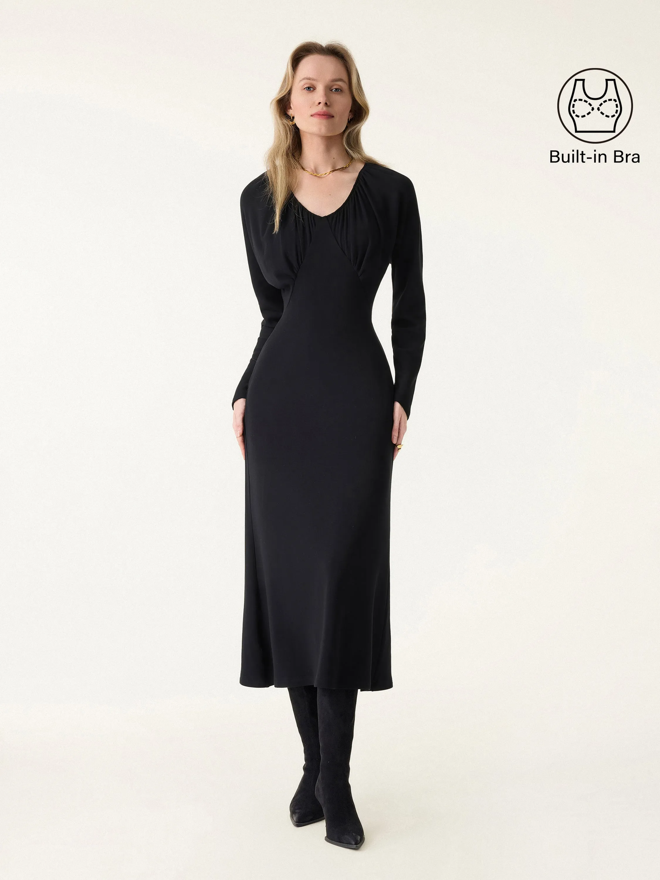 Ruched V-neck Long Sleeve Midi Brami Dress sold by OGLmove product image thumbnail 4