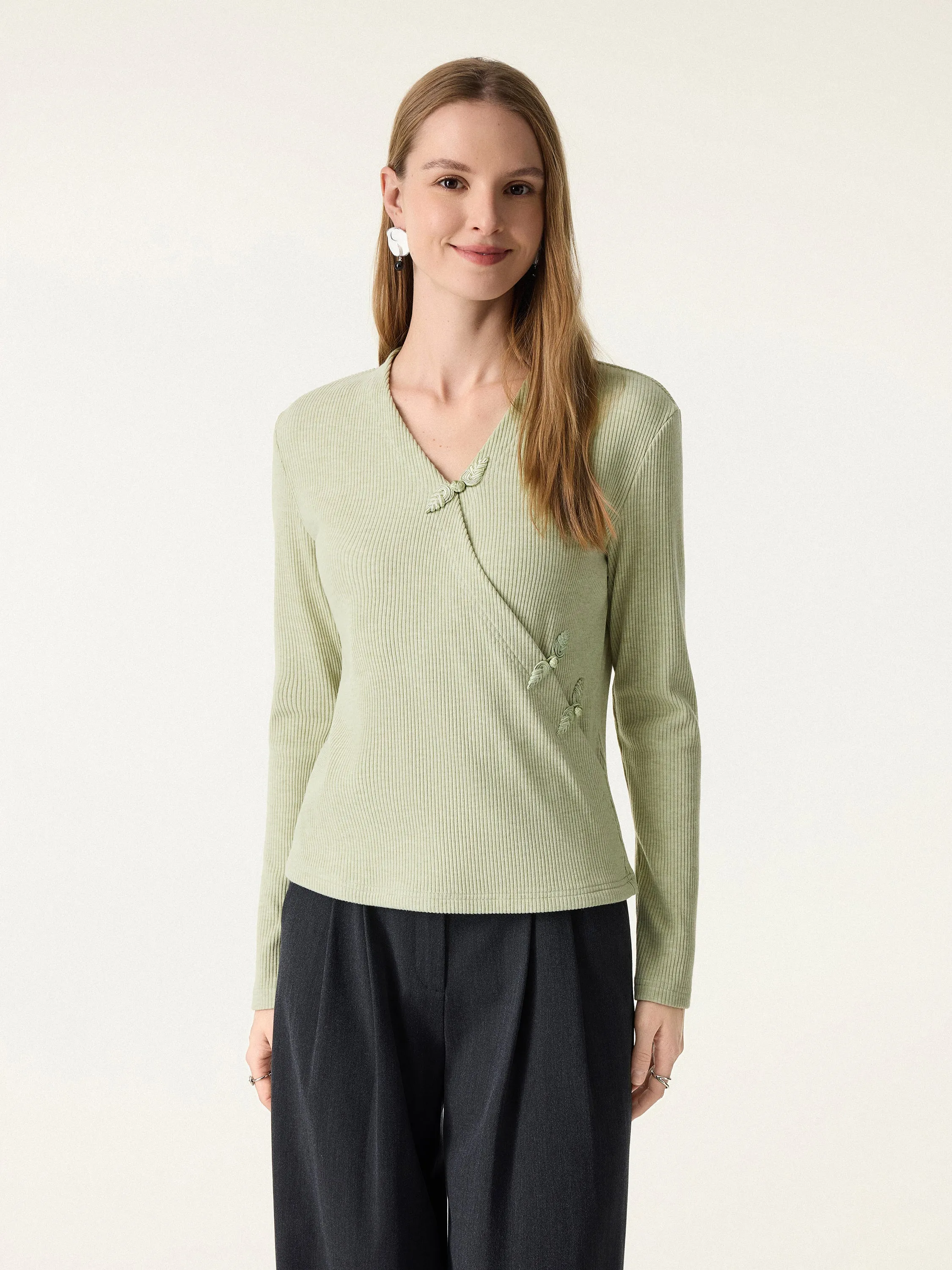Relaxed Fit Surplice Long Sleeve Top with Frog Buttons sold by OGLmove product image thumbnail 5