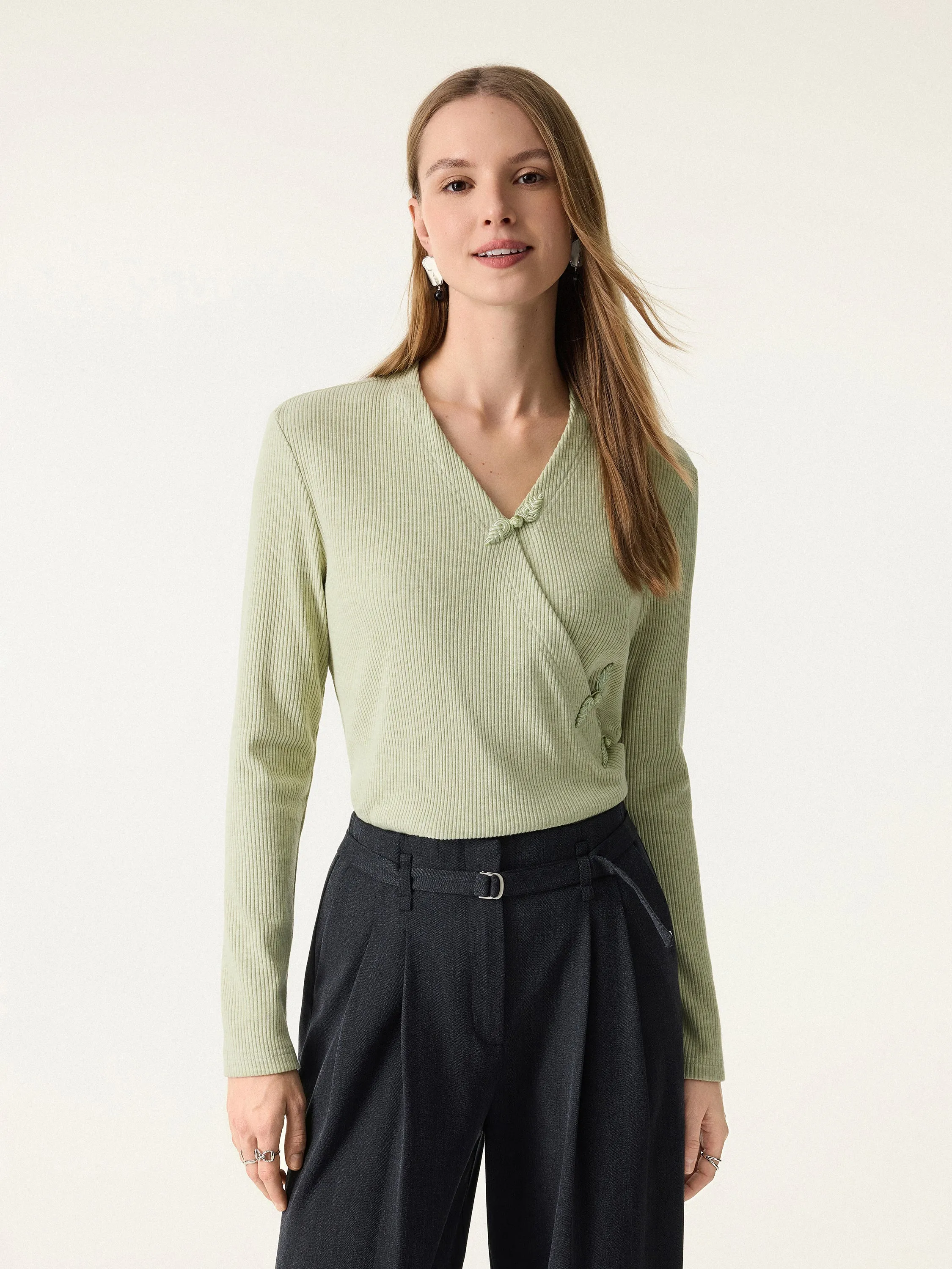 Relaxed Fit Surplice Long Sleeve Top with Frog Buttons sold by OGLmove product image thumbnail 4