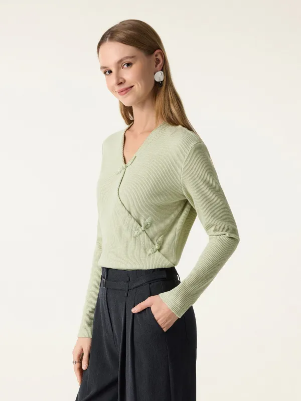 Relaxed Fit Surplice Long Sleeve Top with Frog Buttons sold by OGLmove