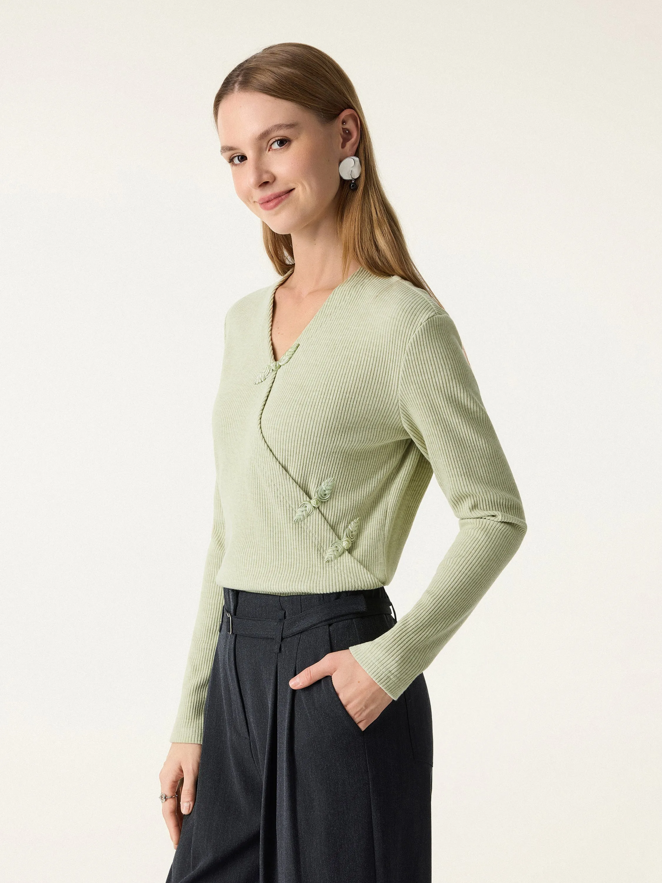 Relaxed Fit Surplice Long Sleeve Top with Frog Buttons sold by OGLmove
