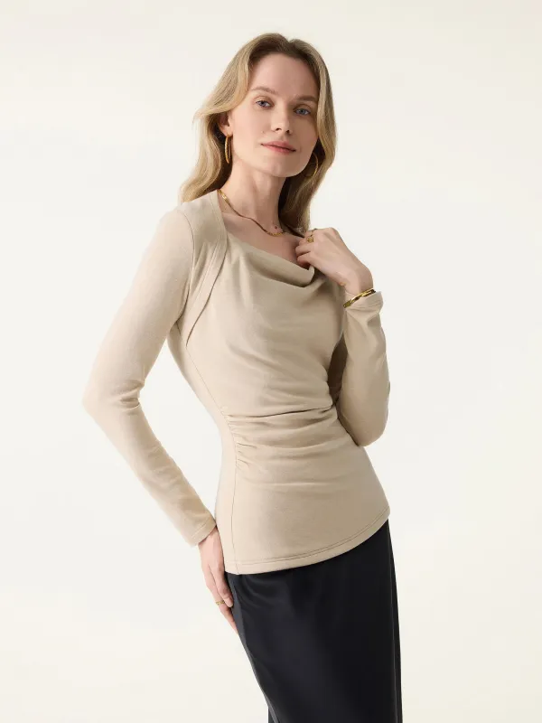 LiteWarm Cowl Neck Ruched Waist Top sold by OGLmove