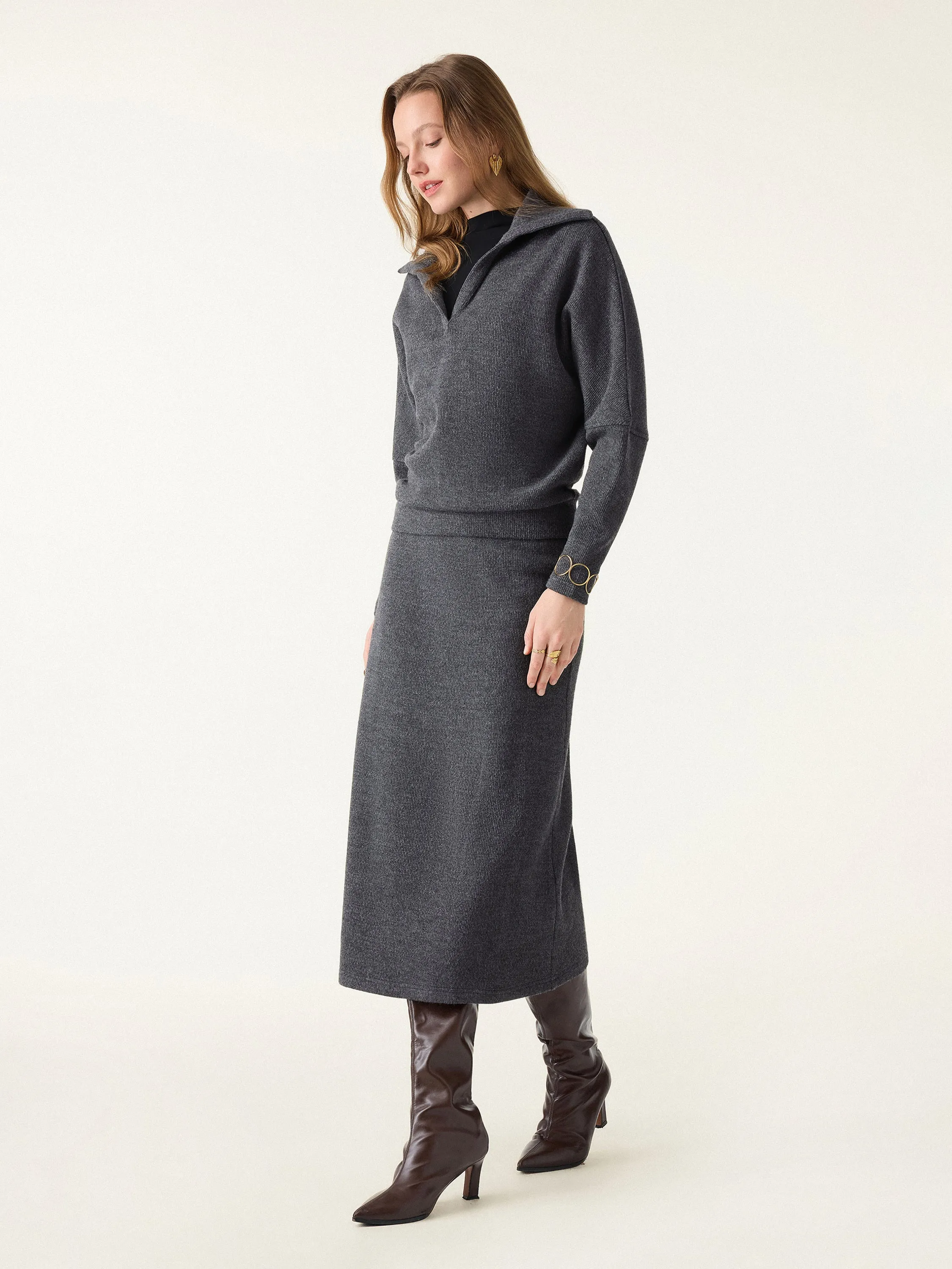 2Pcs Set Collared V-Neck Batwing Pullover & H-line Pull-on Midi Skirt sold by OGLmove product image thumbnail 3