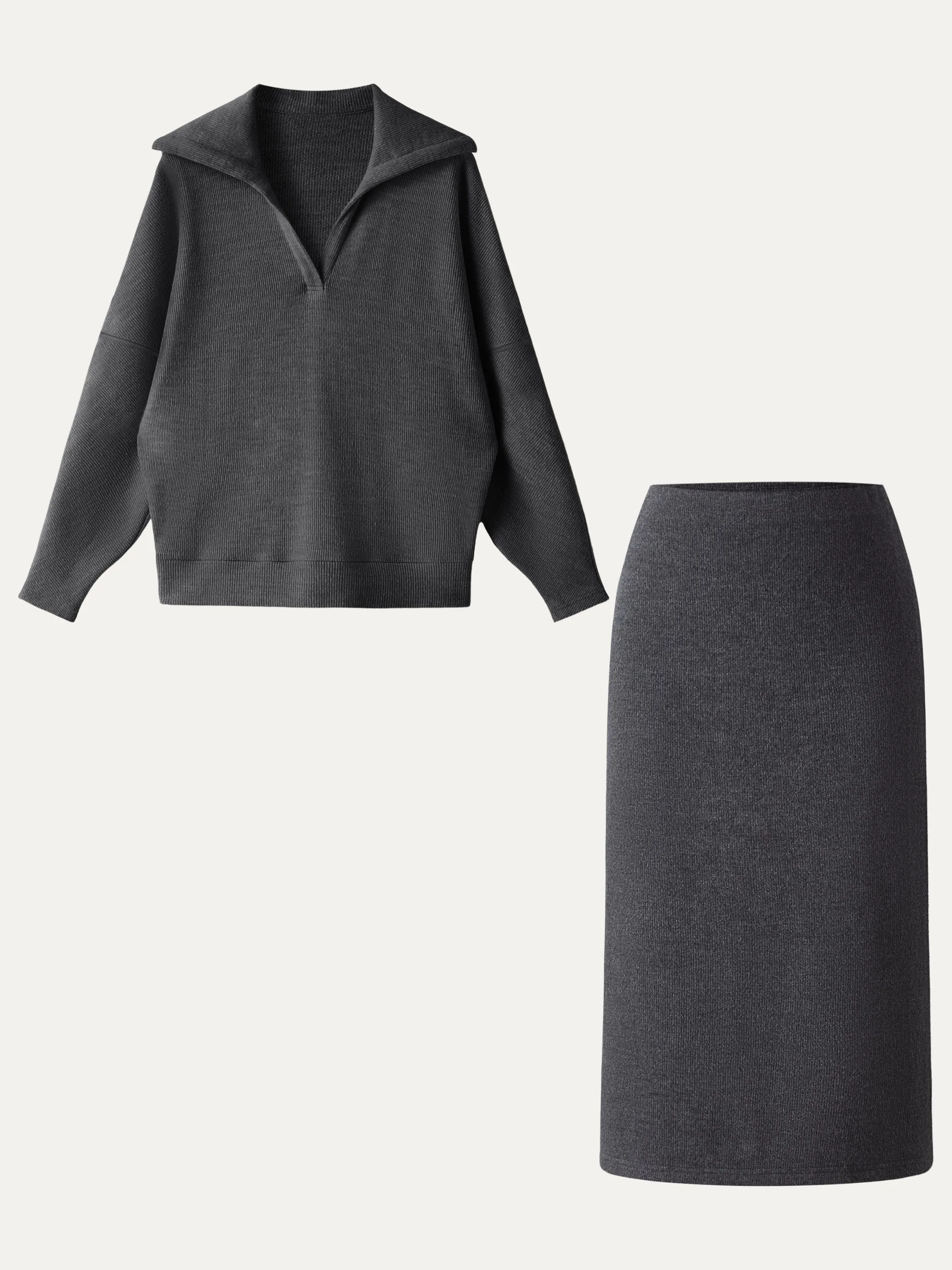 2Pcs Set Collared V-Neck Batwing Pullover & H-line Pull-on Midi Skirt sold by OGLmove product image thumbnail 5