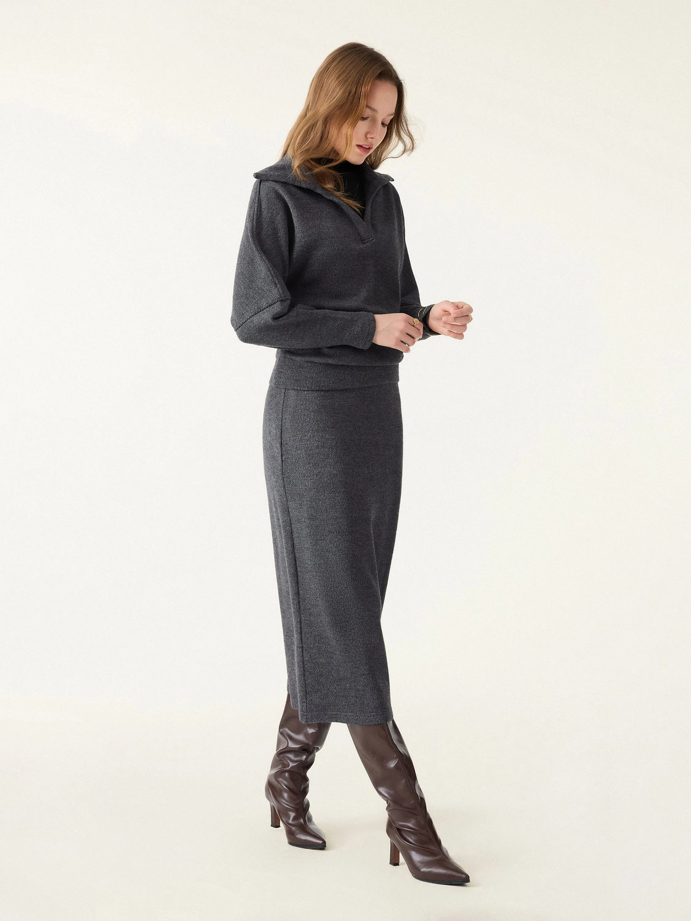 2Pcs Set Collared V-Neck Batwing Pullover & H-line Pull-on Midi Skirt sold by OGLmove product image thumbnail 4