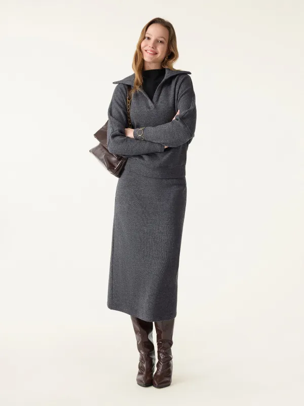 2Pcs Set Collared V-Neck Batwing Pullover & H-line Pull-on Midi Skirt sold by OGLmove