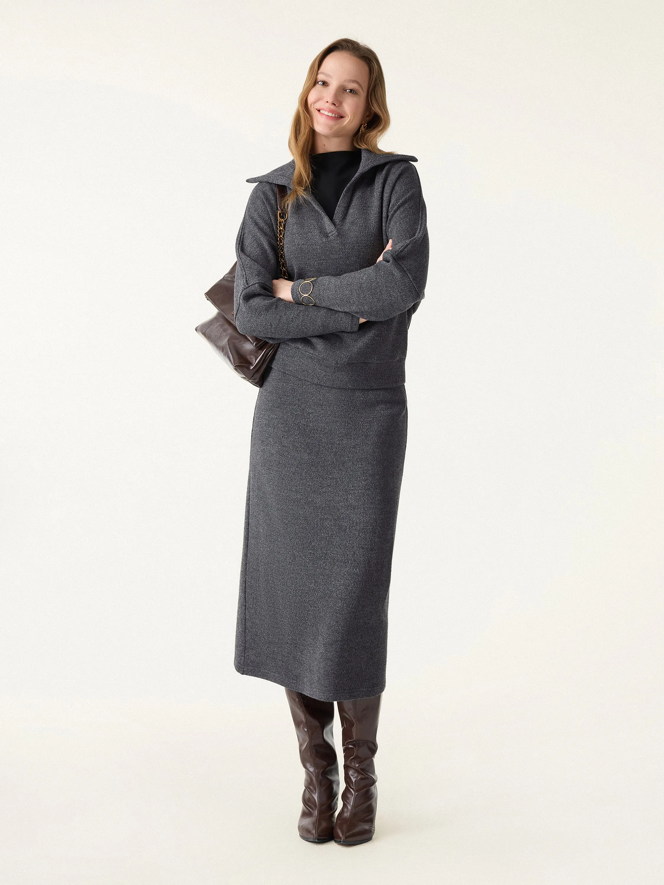 2Pcs Set Collared V-Neck Batwing Pullover & H-line Pull-on Midi Skirt sold by OGLmove