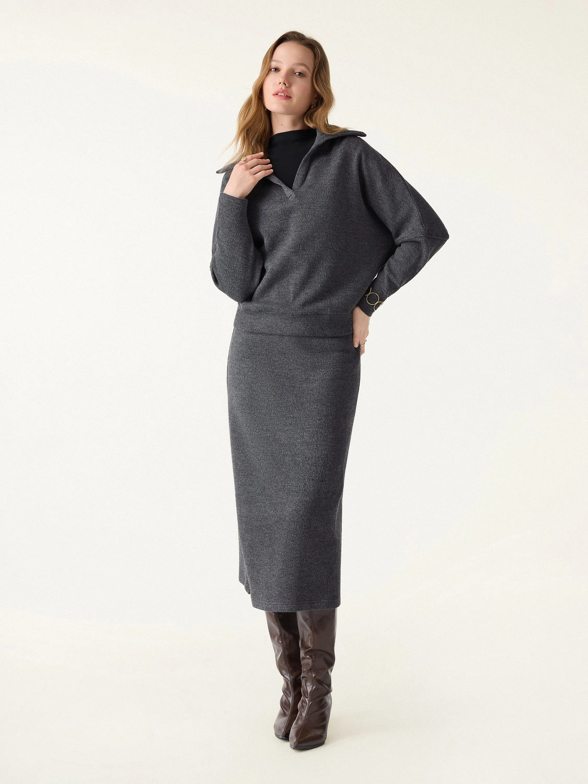 2Pcs Set Collared V-Neck Batwing Pullover & H-line Pull-on Midi Skirt sold by OGLmove product image thumbnail 2