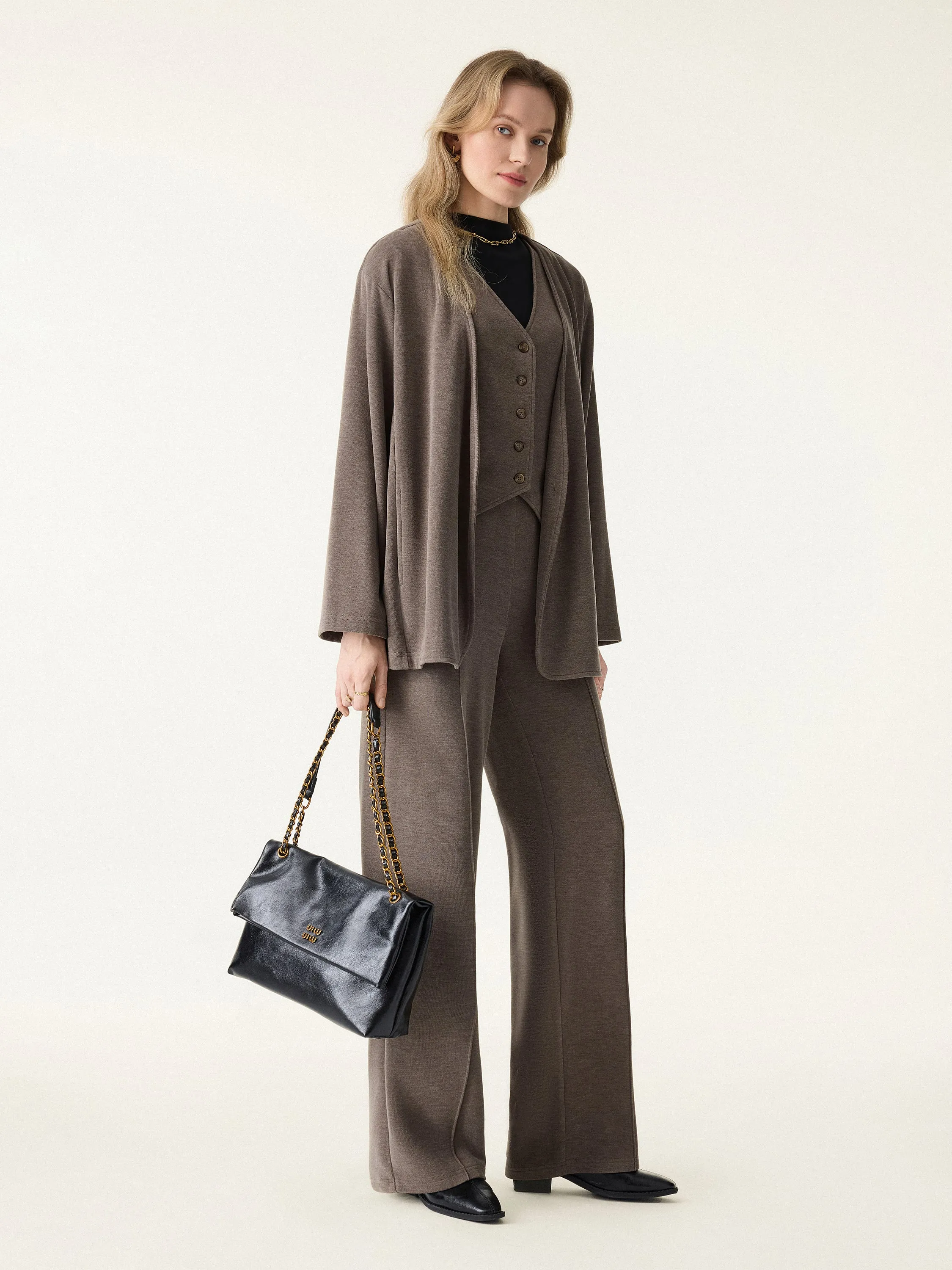 3Pcs Set Single Button Cardigan & Button Front Vest & Pintuck Straight Pull-on Pants sold by OGLmove product image thumbnail 2