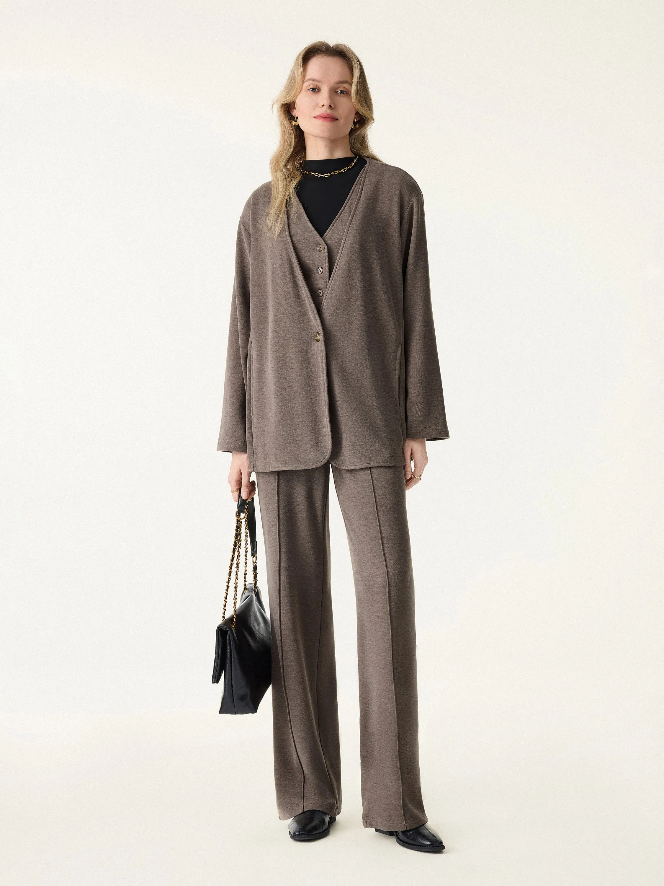 3Pcs Set Single Button Cardigan & Button Front Vest & Pintuck Straight Pull-on Pants sold by OGLmove product image thumbnail 5