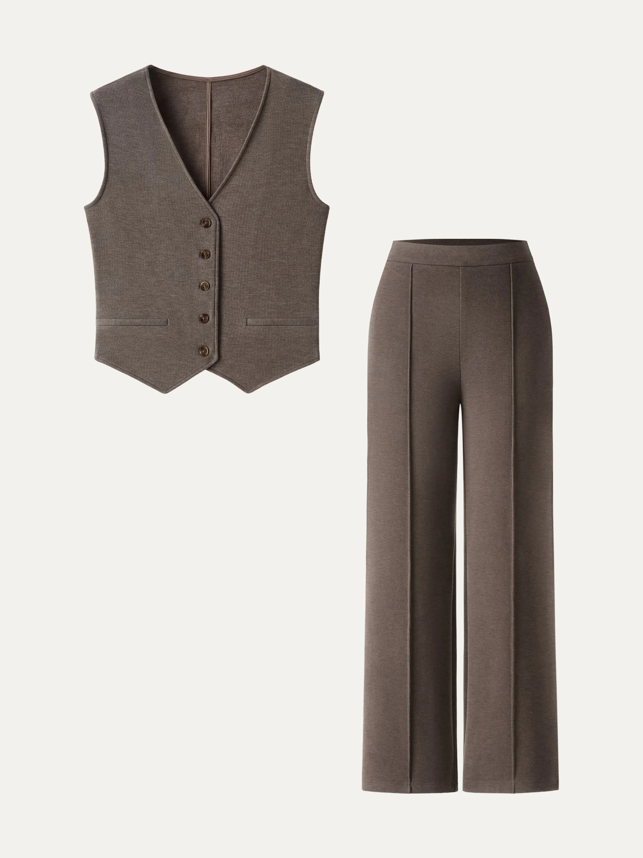 2Pcs Set Brushed Warm V-neck Vest & Regular High Rise Pintuck Straight Pull-on Pants sold by OGLmove product image thumbnail 3