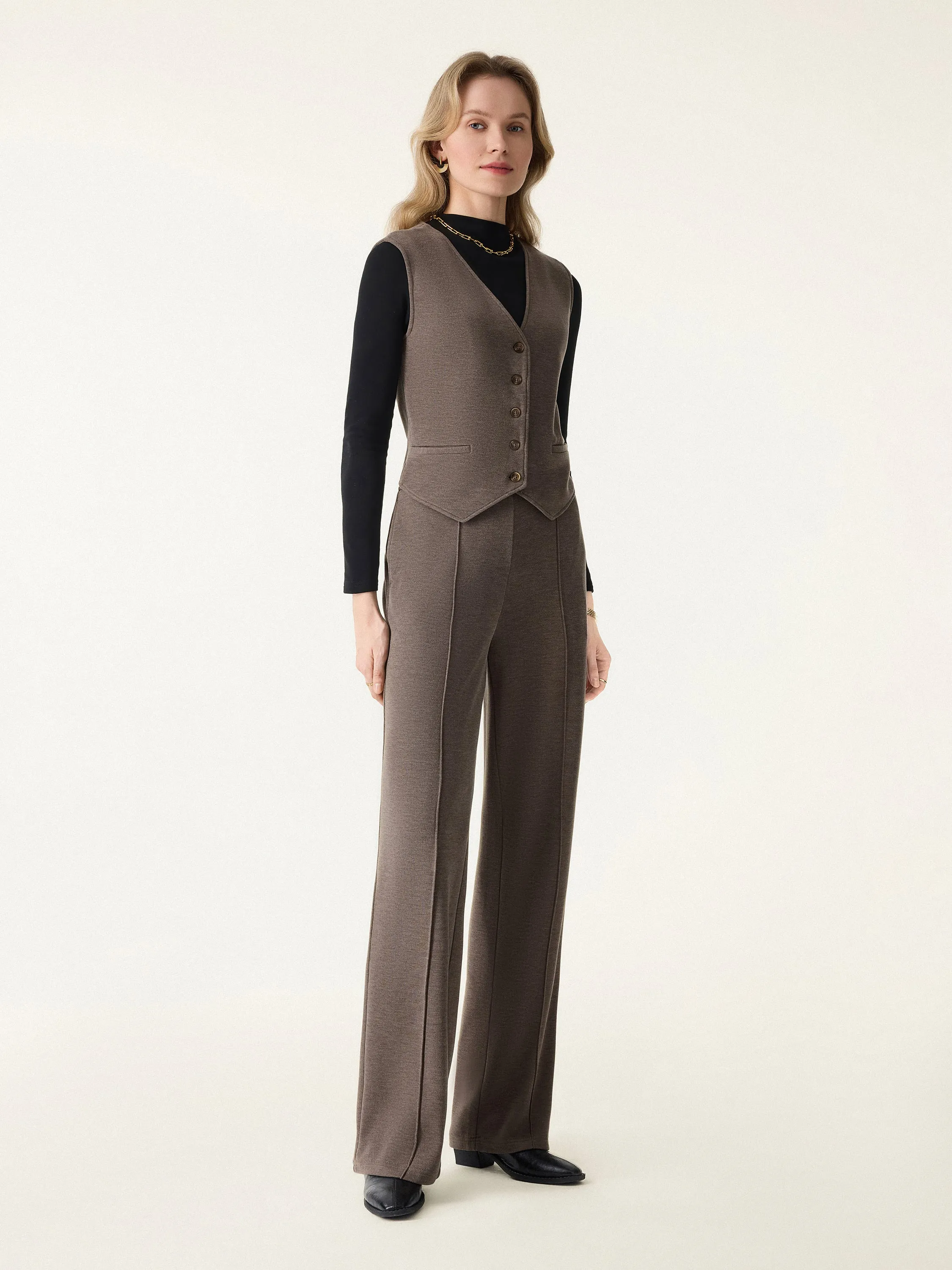 2Pcs Set Brushed Warm V-neck Vest & Regular High Rise Pintuck Straight Pull-on Pants sold by OGLmove product image thumbnail 5