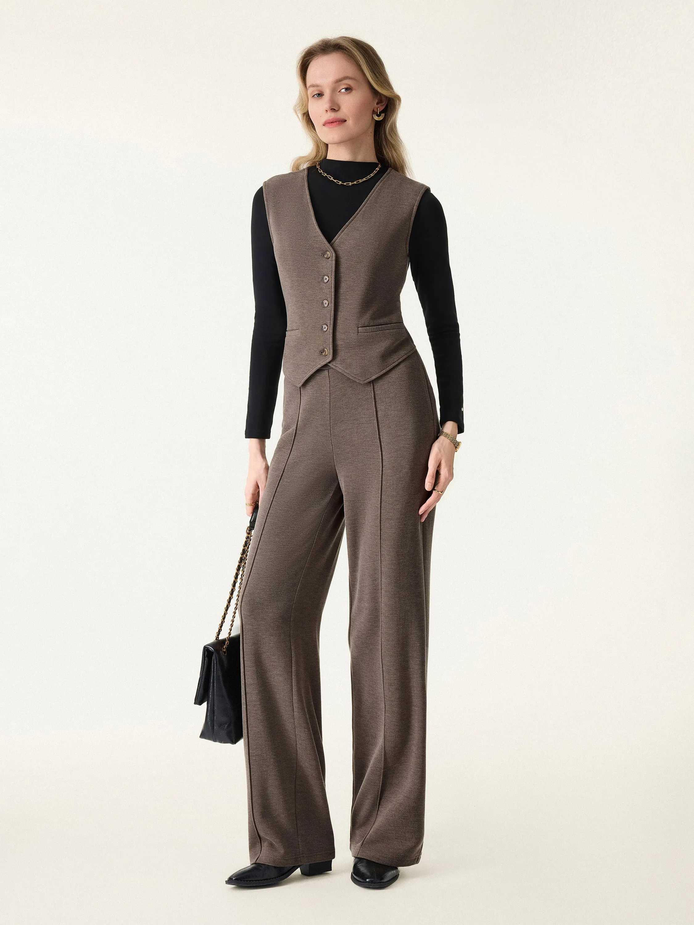 2Pcs Set Brushed Warm V-neck Vest & Regular High Rise Pintuck Straight Pull-on Pants sold by OGLmove product image thumbnail 2