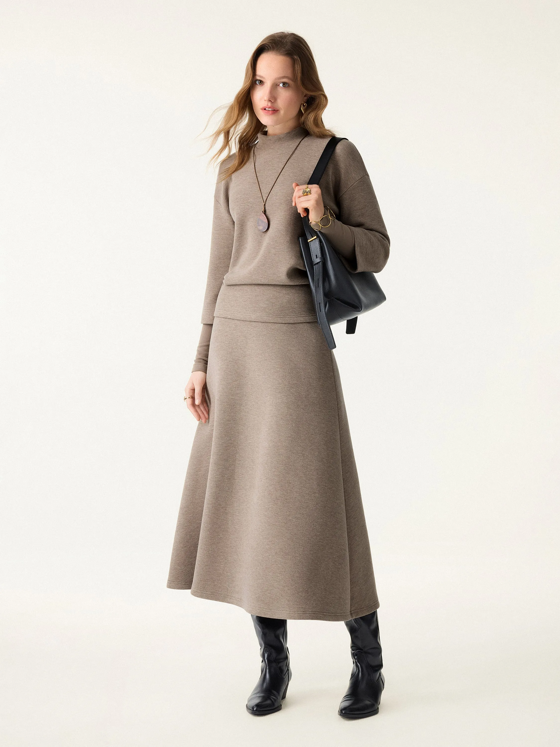 2Pcs Set FuzzLuxe Mockneck Sleeve-Warmer Top & Midi A-line Circle Skirt sold by OGLmove