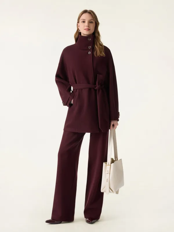 2Pcs Set Stand Collar Belted Coat & Mid Rise Straight Pull-on Pants with Pockets sold by OGLmove