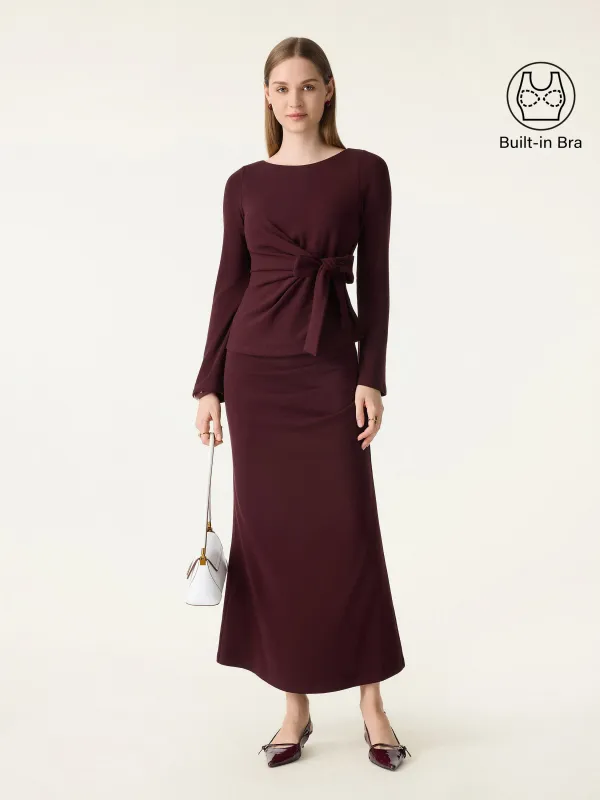 2Pcs Set Bow-Tie Belted Bell Sleeve Brami & Stretchy Tucked Flare Maxi Skirt sold by OGLmove