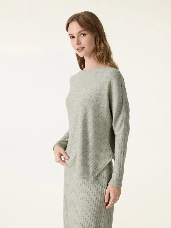 Wide Rib Boatneck Asymmetrical Long Sleeve Top sold by OGLmove