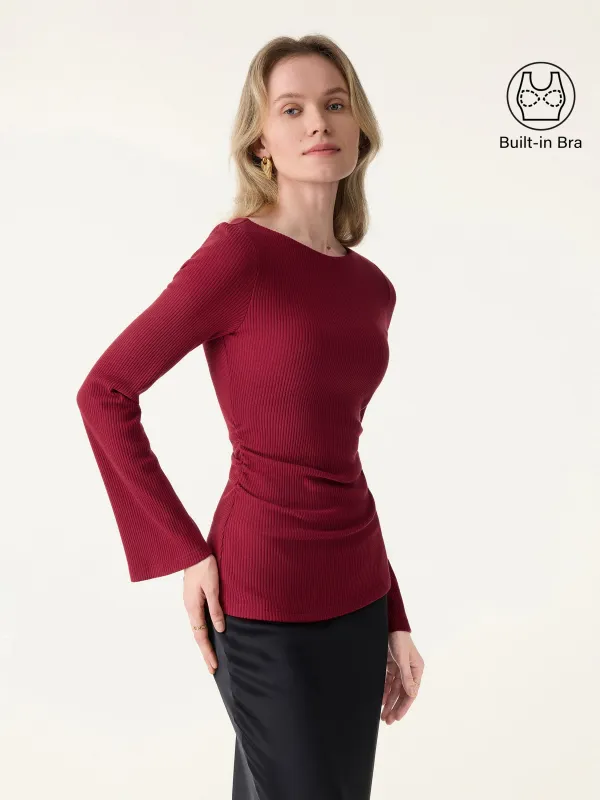 Ribbed Boatneck Bell Sleeve Ruched Brami sold by OGLmove