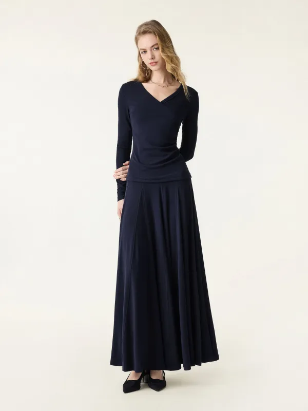 2Pcs Set Surplice Ruched Long Sleeve & Godet Hem Pull-on Maxi Skirt sold by OGLmove