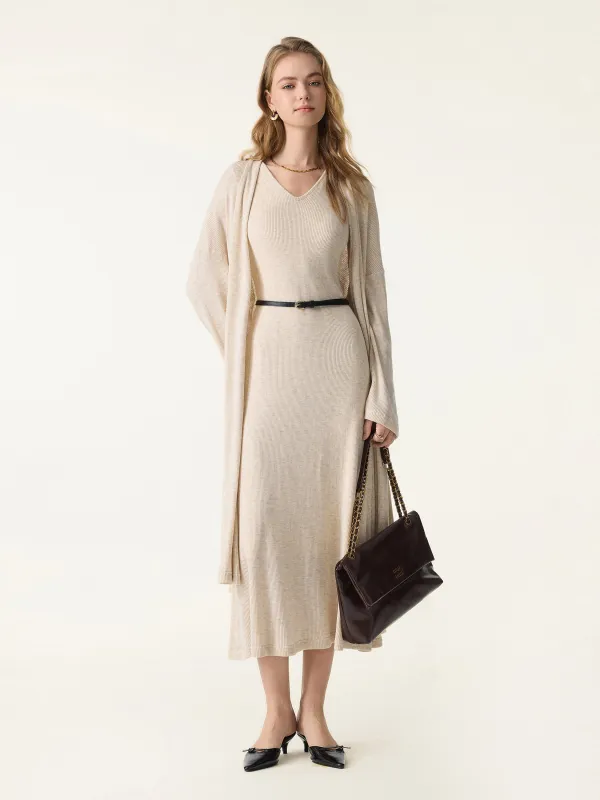 2Pcs Set Open Front Cardigan with Pockets & V-Neck Flared Midi Brami Dress sold by OGLmove