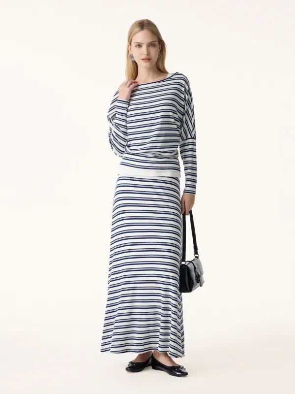 2Pcs Set Striped Boatneck Batwing Sleeves Top & A-Line Circle Maxi Skirt sold by OGLmove
