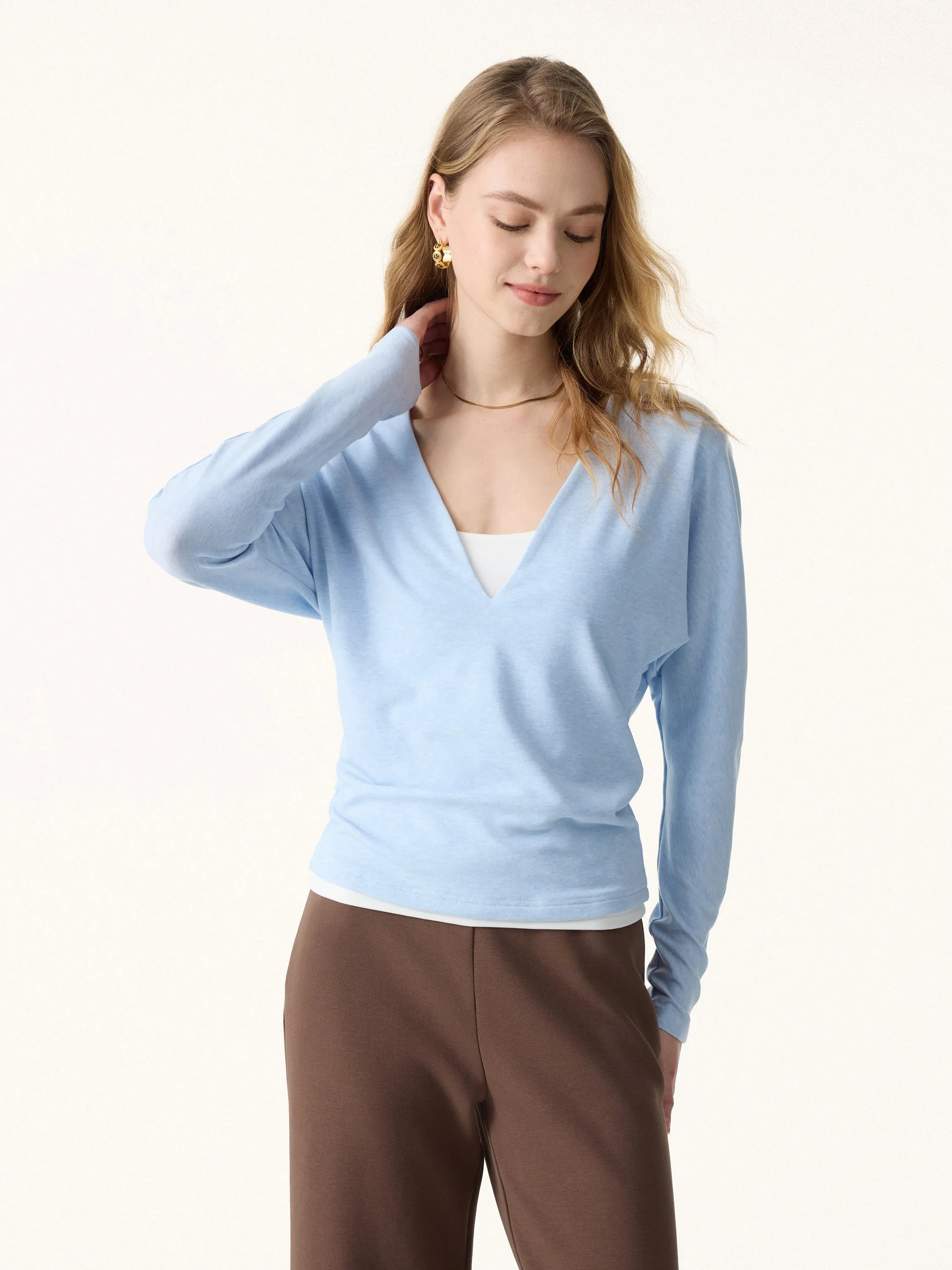 Non-Itch Lyocell Wool Relaxed V-Neck Batwing Sleeve Top sold by OGLmove product image thumbnail 4