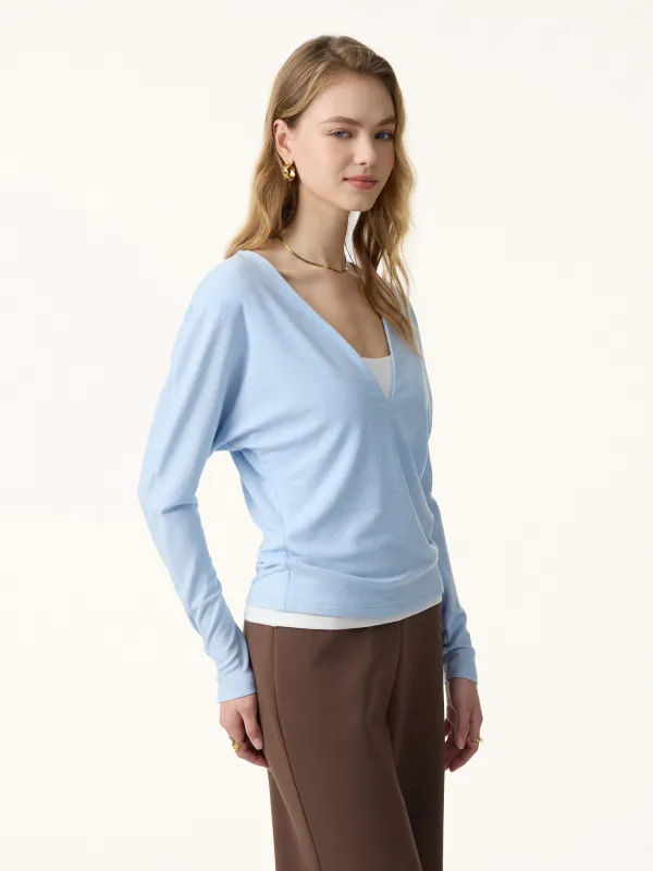 Non-Itch Lyocell Wool Relaxed V-Neck Batwing Sleeve Top sold by OGLmove