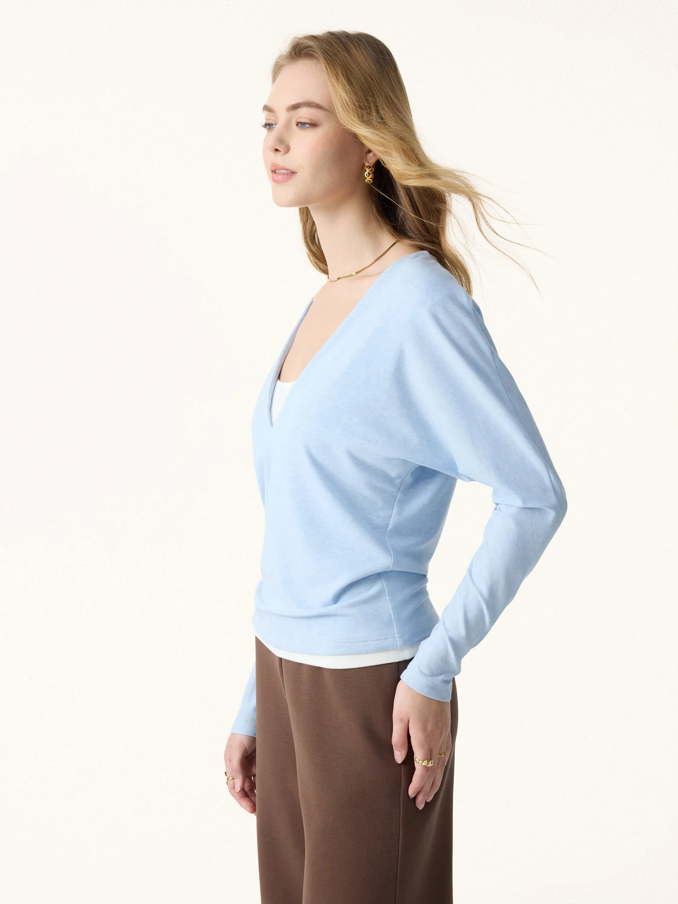 Non-Itch Lyocell Wool Relaxed V-Neck Batwing Sleeve Top sold by OGLmove product image thumbnail 5