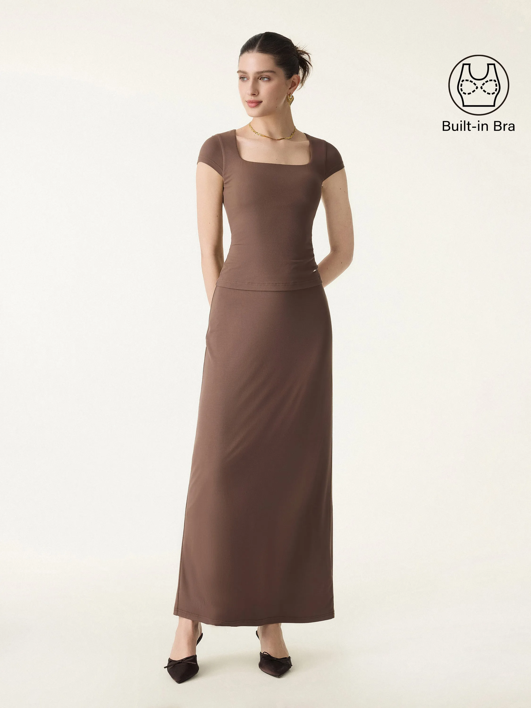 2Pcs Set SkinKiss Square Neck Cap Sleeve Cropped Brami & H-Line Maxi Skirt sold by OGLmove product image thumbnail 2