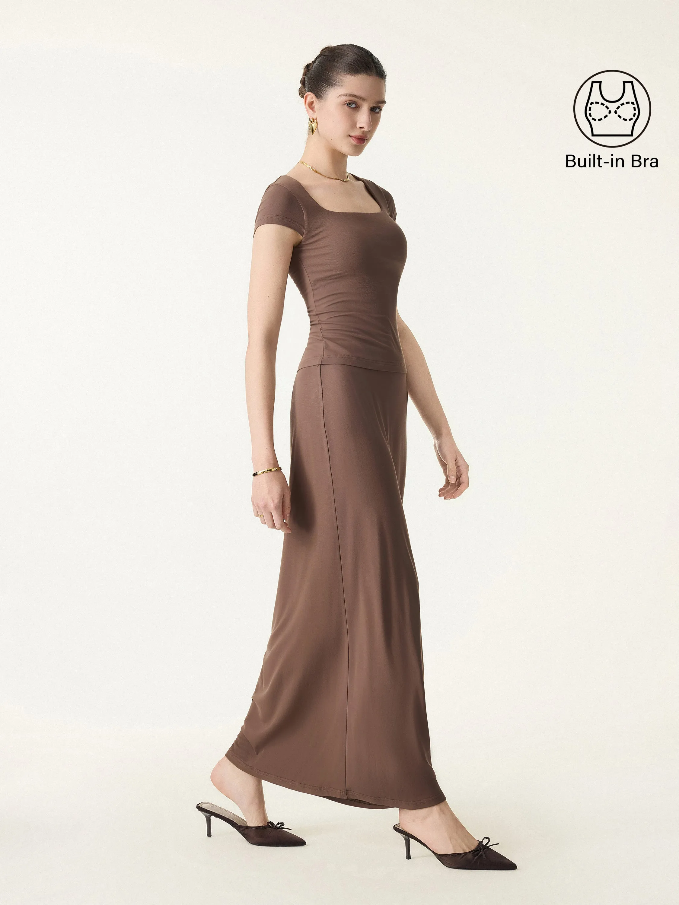 2Pcs Set SkinKiss Square Neck Cap Sleeve Cropped Brami & H-Line Maxi Skirt sold by OGLmove product image thumbnail 3