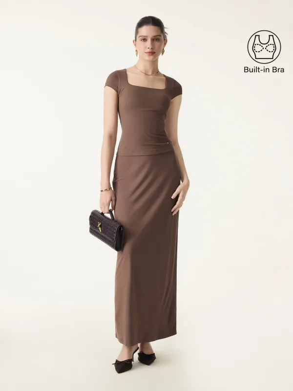 2Pcs Set SkinKiss Square Neck Cap Sleeve Cropped Brami & H-Line Maxi Skirt sold by OGLmove