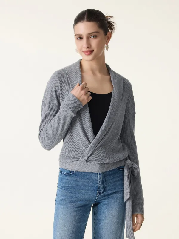 Ribbed Shawl Collar Self-Tie Cardigan sold by OGLmove