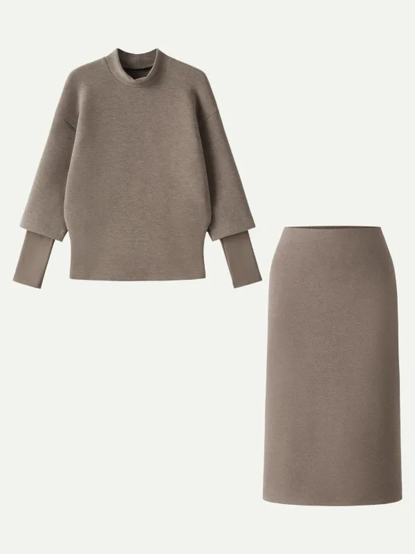 2Pcs Set FuzzLuxe Mockneck Sleeve-Warmer Top & A-line Pull-on Midi Skirt sold by OGLmove