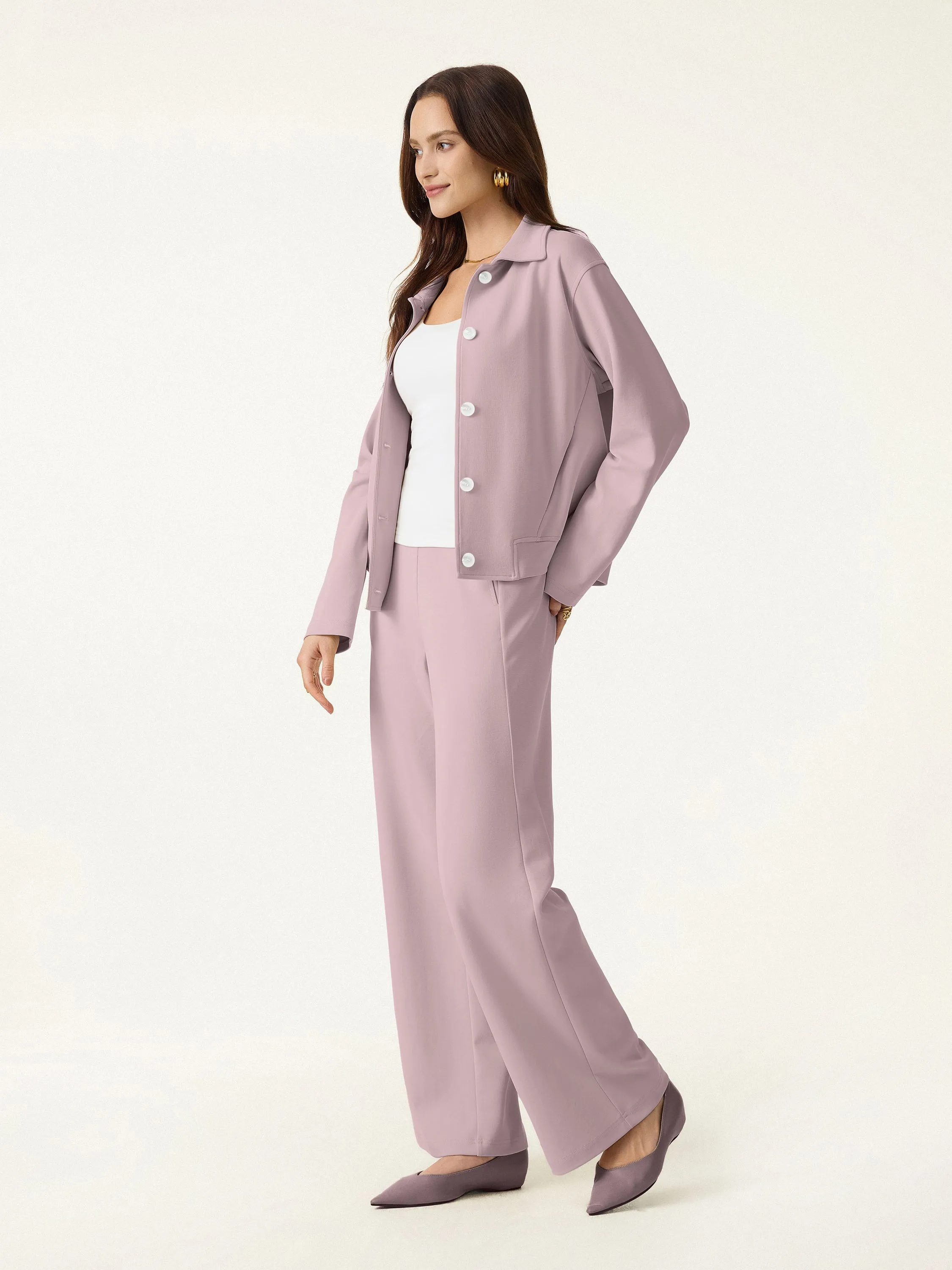 2Pcs Set Collared Button-Front Jacket & Straight Pull-on Pants with Pockets sold by OGLmove product image thumbnail 3