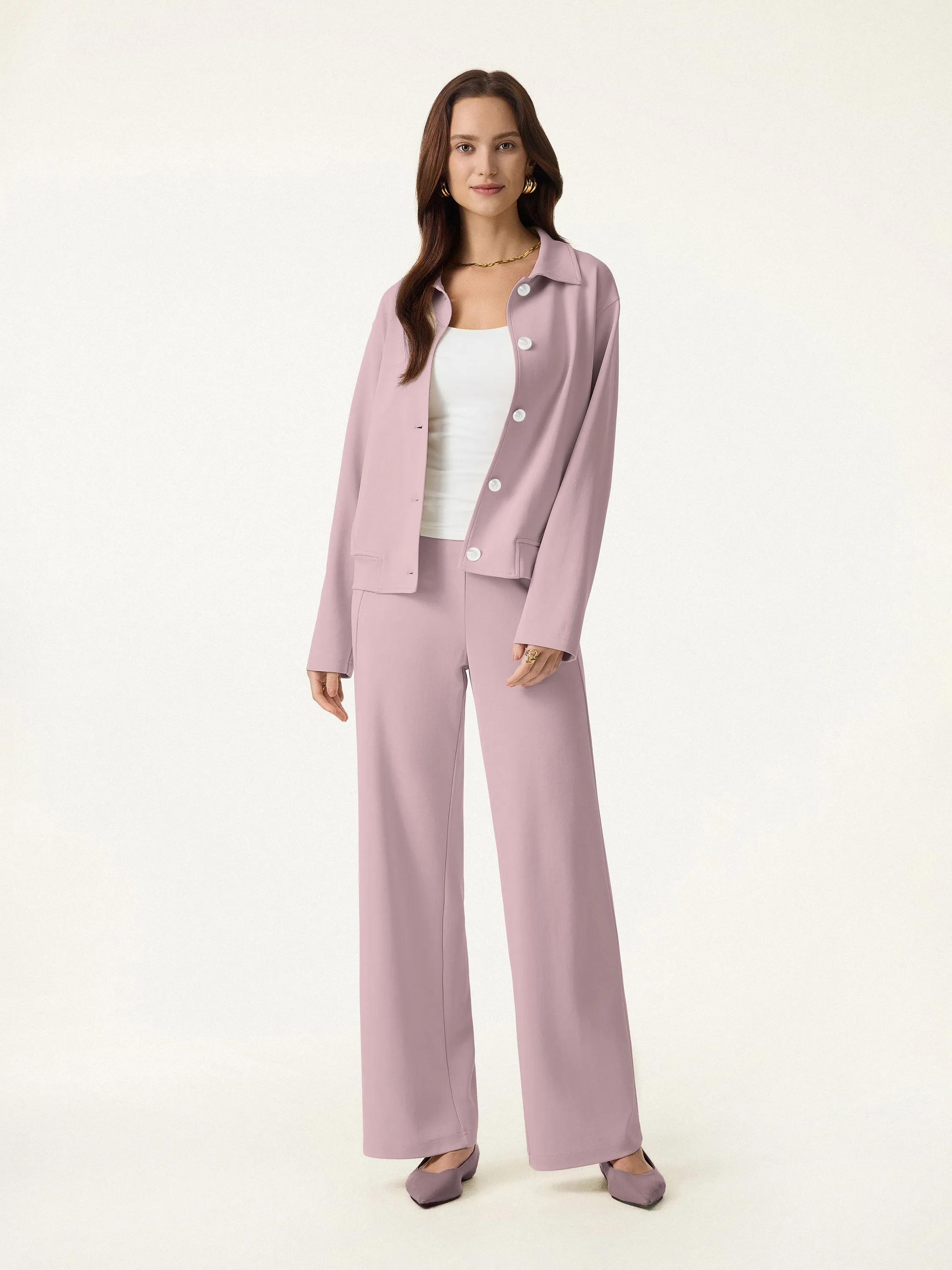 2Pcs Set Collared Button-Front Jacket & Straight Pull-on Pants with Pockets sold by OGLmove product image thumbnail 2