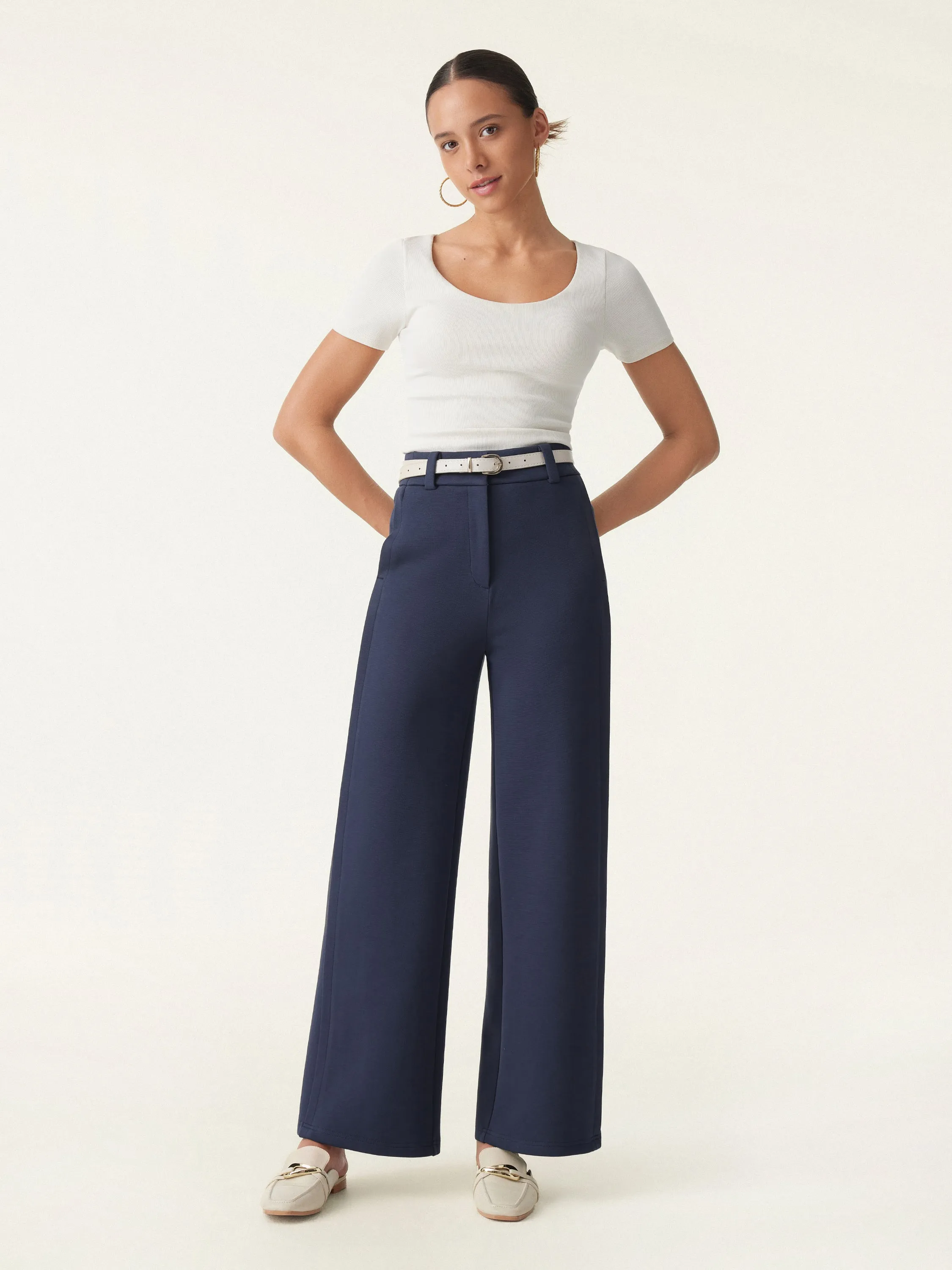 Stretchy Mid Rise Fly-Front Wide Leg Trousers sold by OGLmove product image thumbnail 4