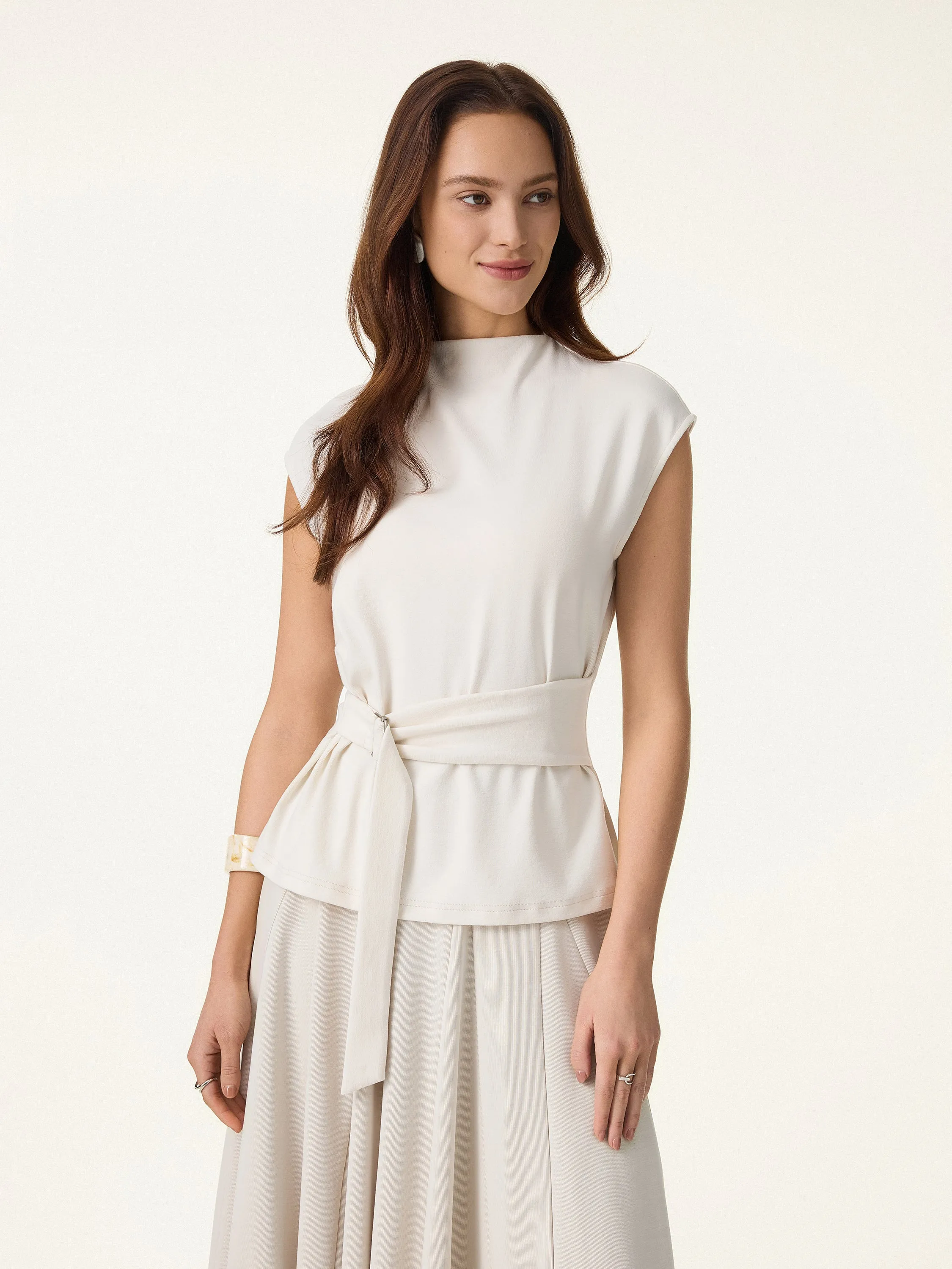 Cotton Lyocell Waist-Defined Cap Sleeve Top sold by OGLmove product image thumbnail 3