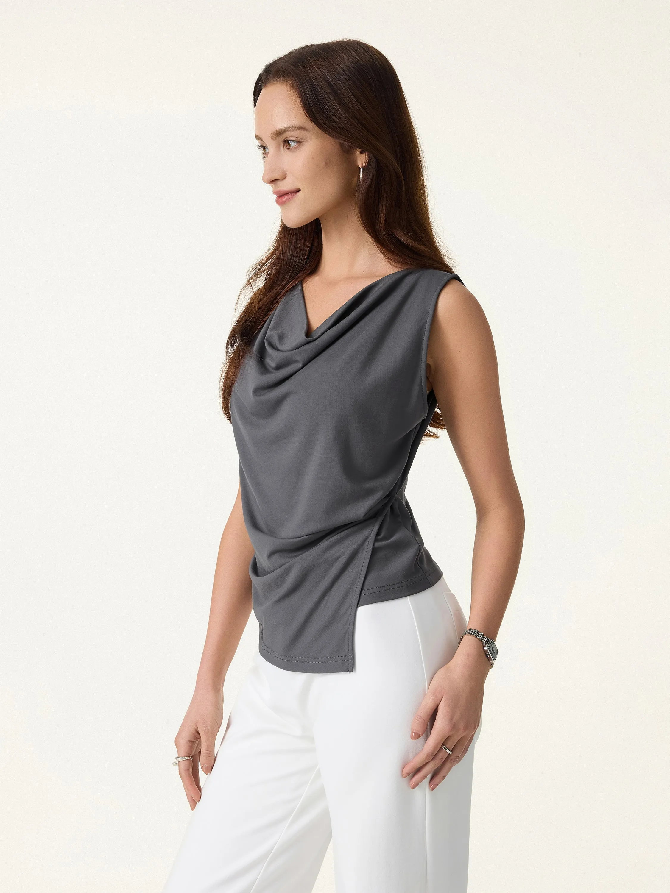 Cowl Neck Asymmetrical Tucked Sleeveless Top sold by OGLmove