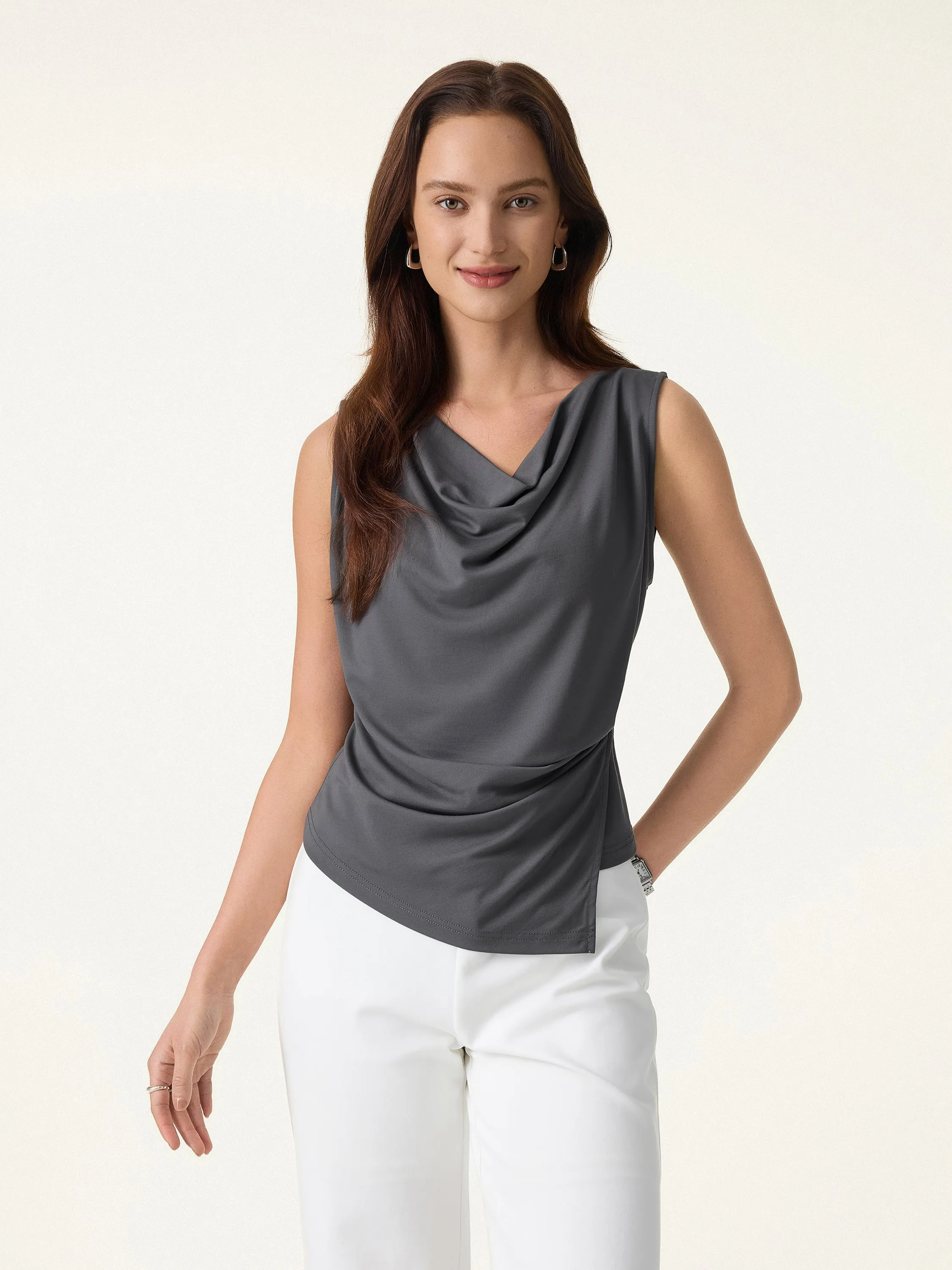 Cowl Neck Asymmetrical Tucked Sleeveless Top sold by OGLmove product image thumbnail 4