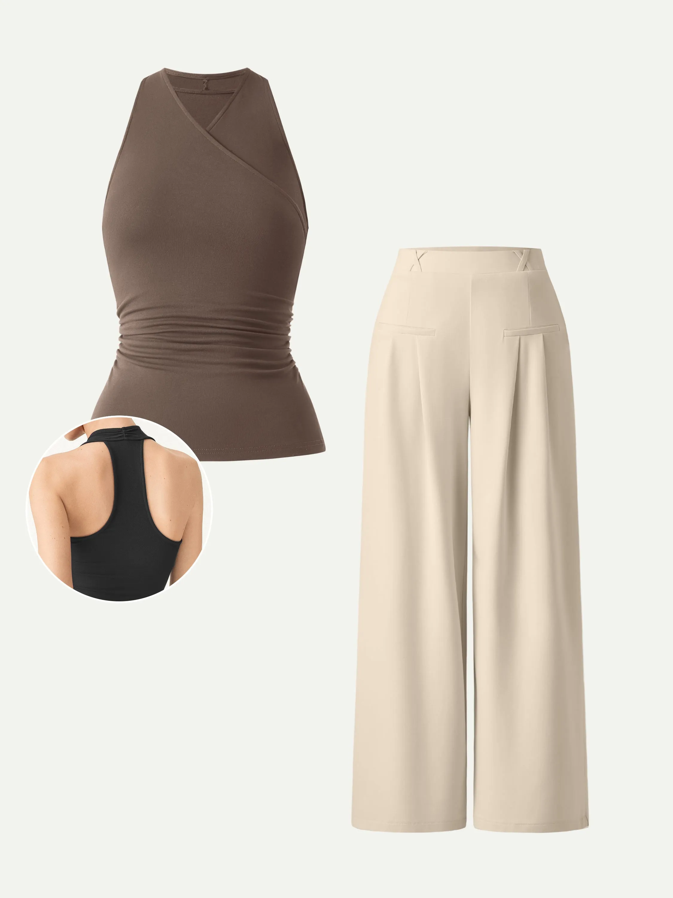 2Pcs Set Surplice Sleeveless Top & Mid Rise Wide Leg Trouser sold by OGLmove product image thumbnail 5