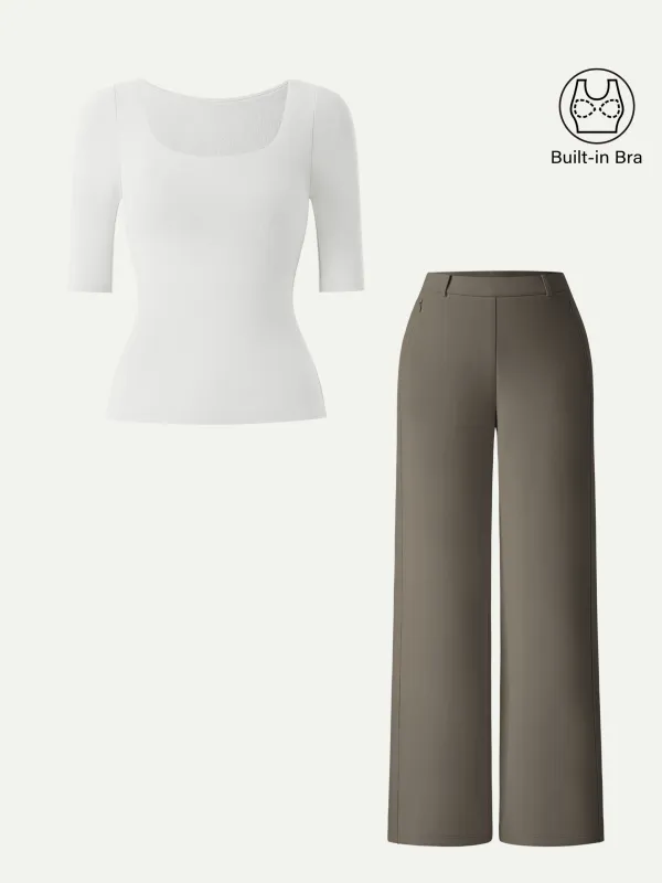 2Pcs Set Square Neck Elbow Length Sleeve Brami & High Rise Wide Leg Pants sold by OGLmove